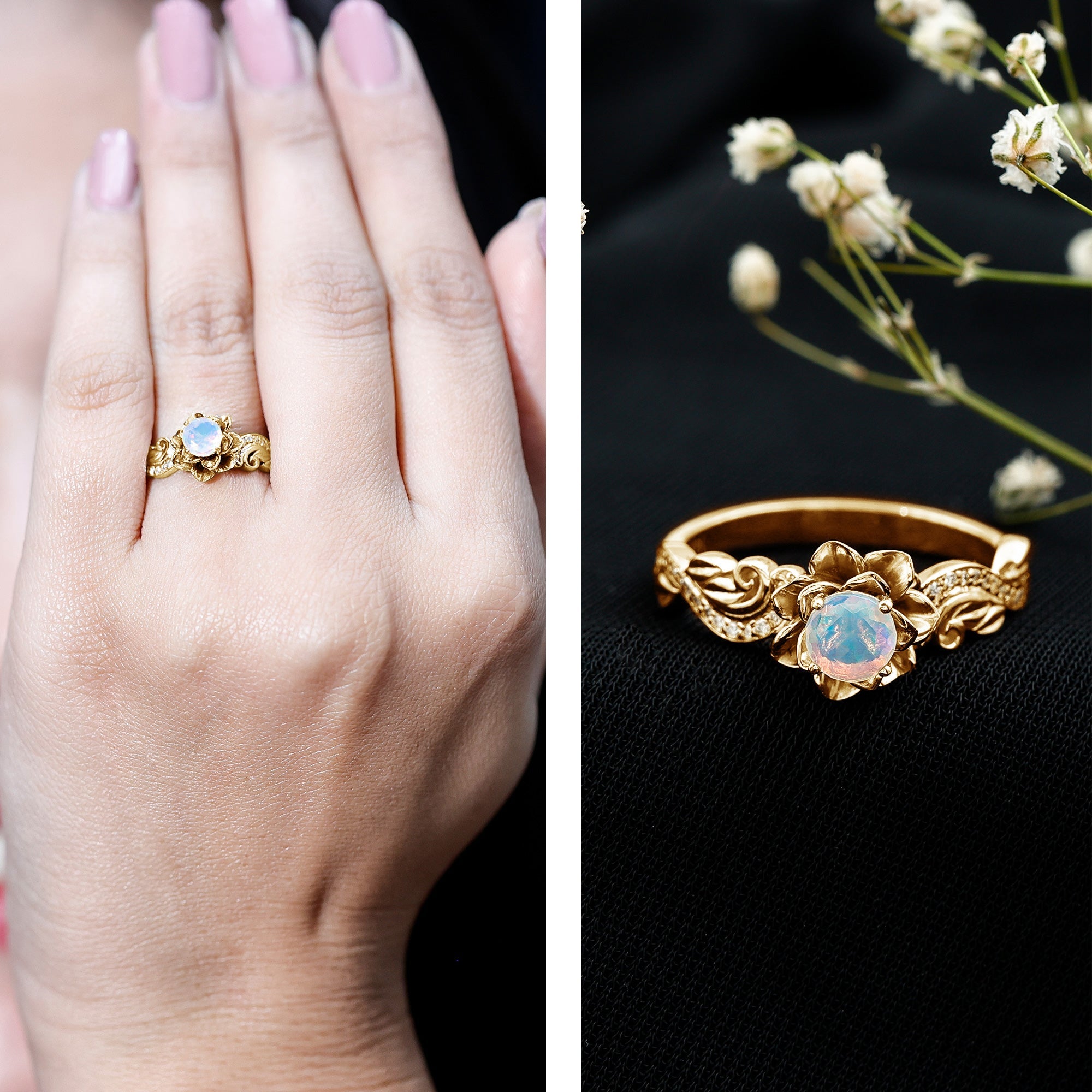 Genuine Ethiopian Opal Flower Engagement Ring With Real Diamond