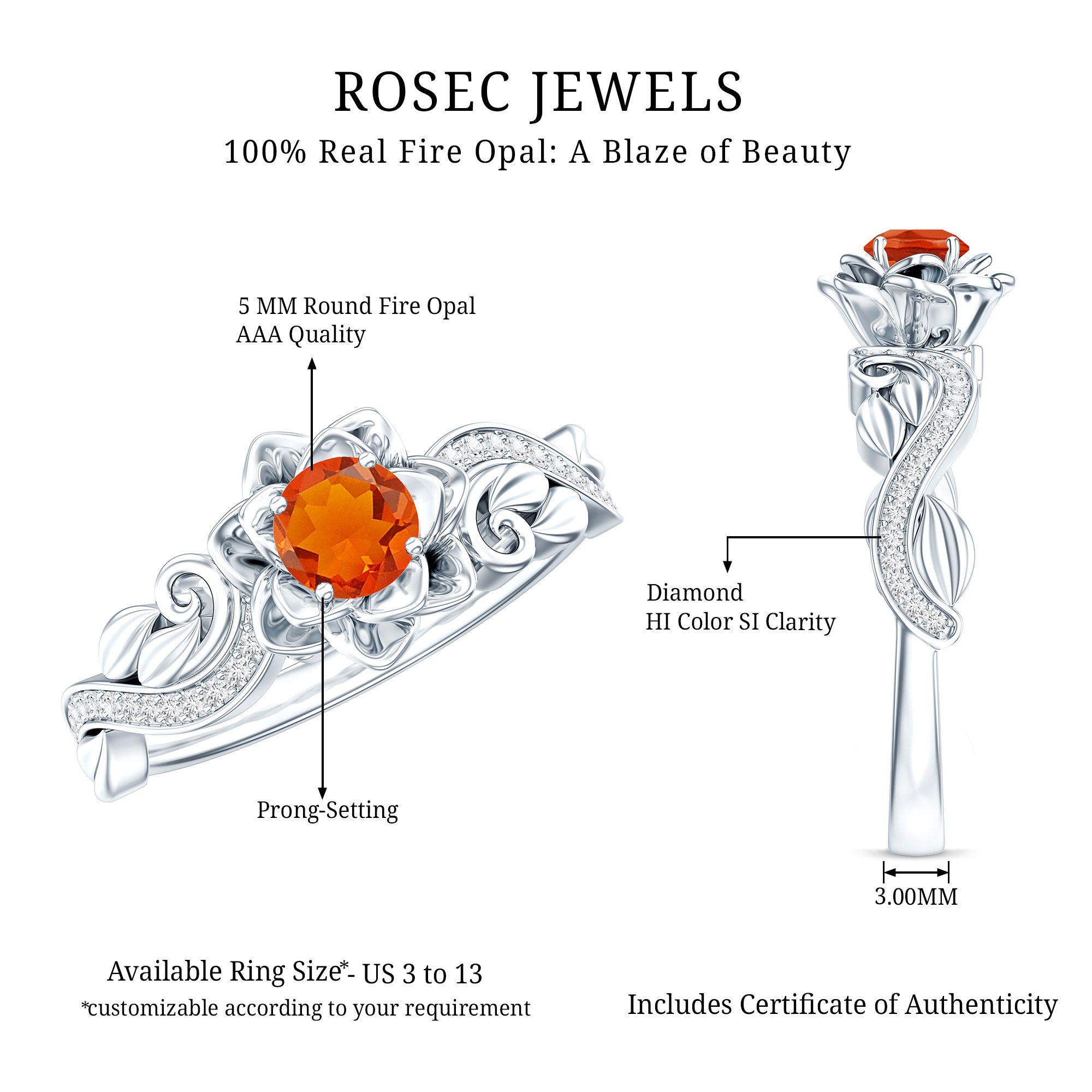 Nature Inspired Fire Opal and Diamond Engagement Ring with Certificate