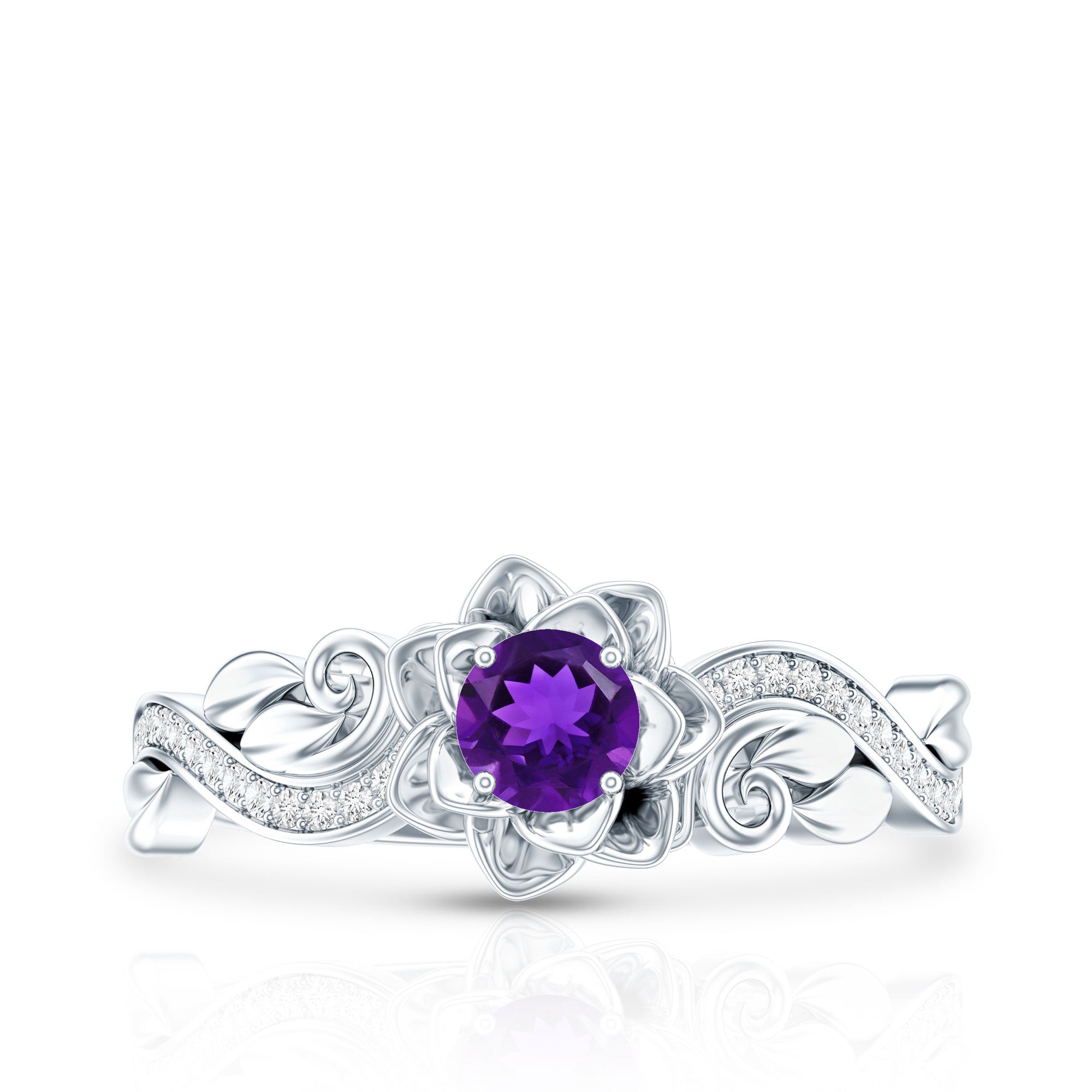 Real Amethyst Nature Inspired Engagement Ring With Diamond