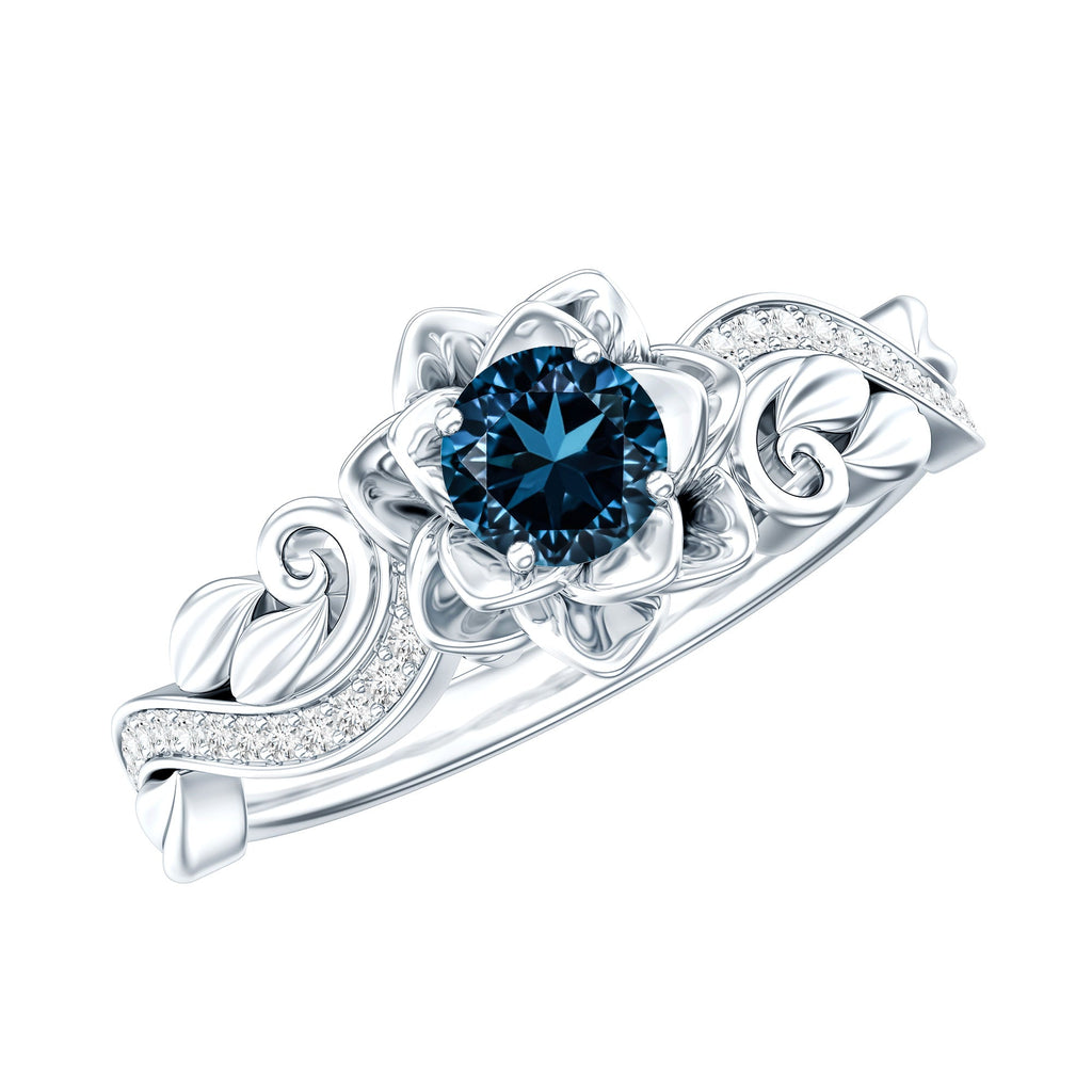 0.6 Carat Round Shape London Blue Topaz Nature Inspired Engagement Ring with Diamond