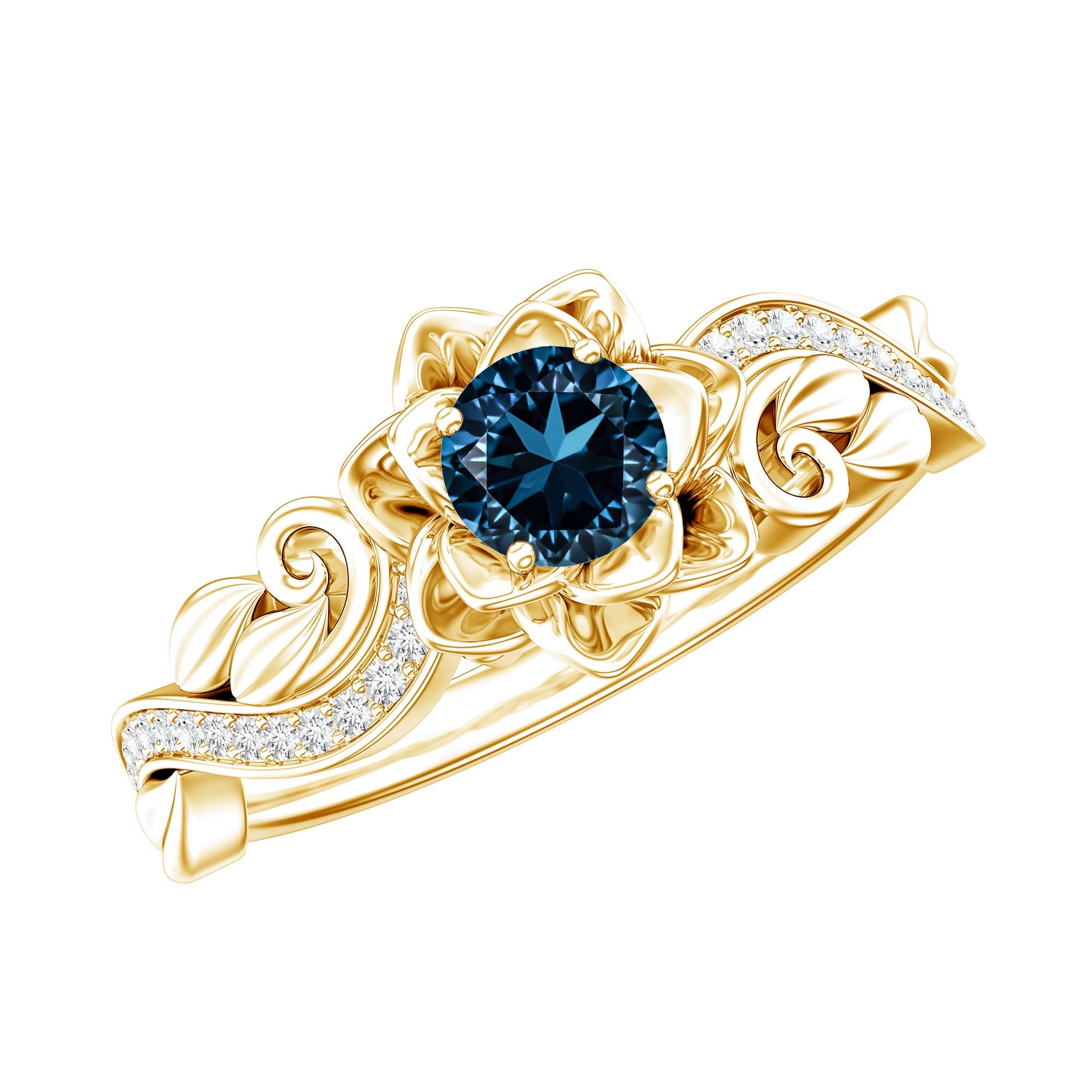 0.6 Carat Round Shape London Blue Topaz Nature Inspired Engagement Ring with Diamond | Rings | Wiccan Center