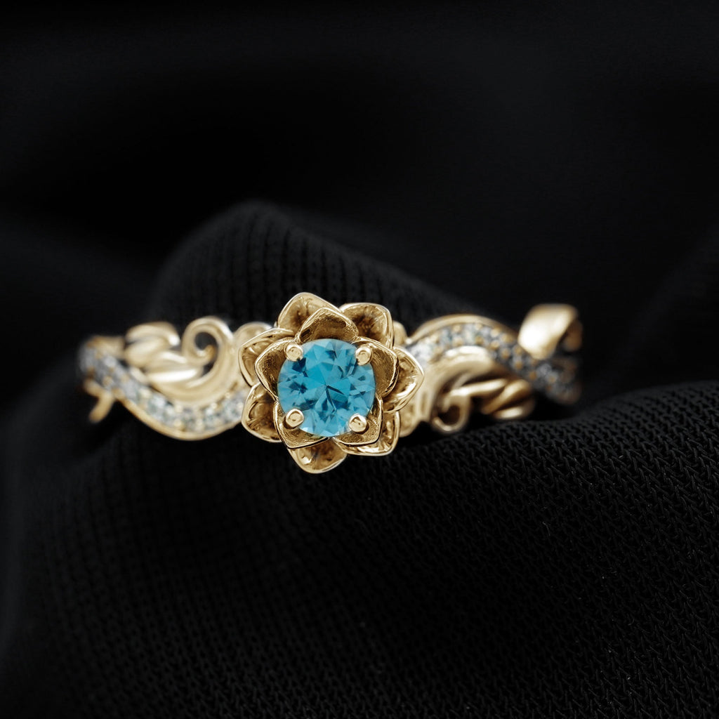 0.6 Carat Round Shape London Blue Topaz Nature Inspired Engagement Ring with Diamond