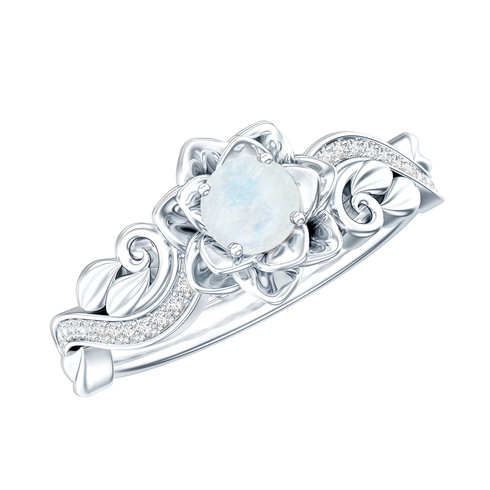 Natural Moonstone Rose Flower Engagement Ring With Diamond