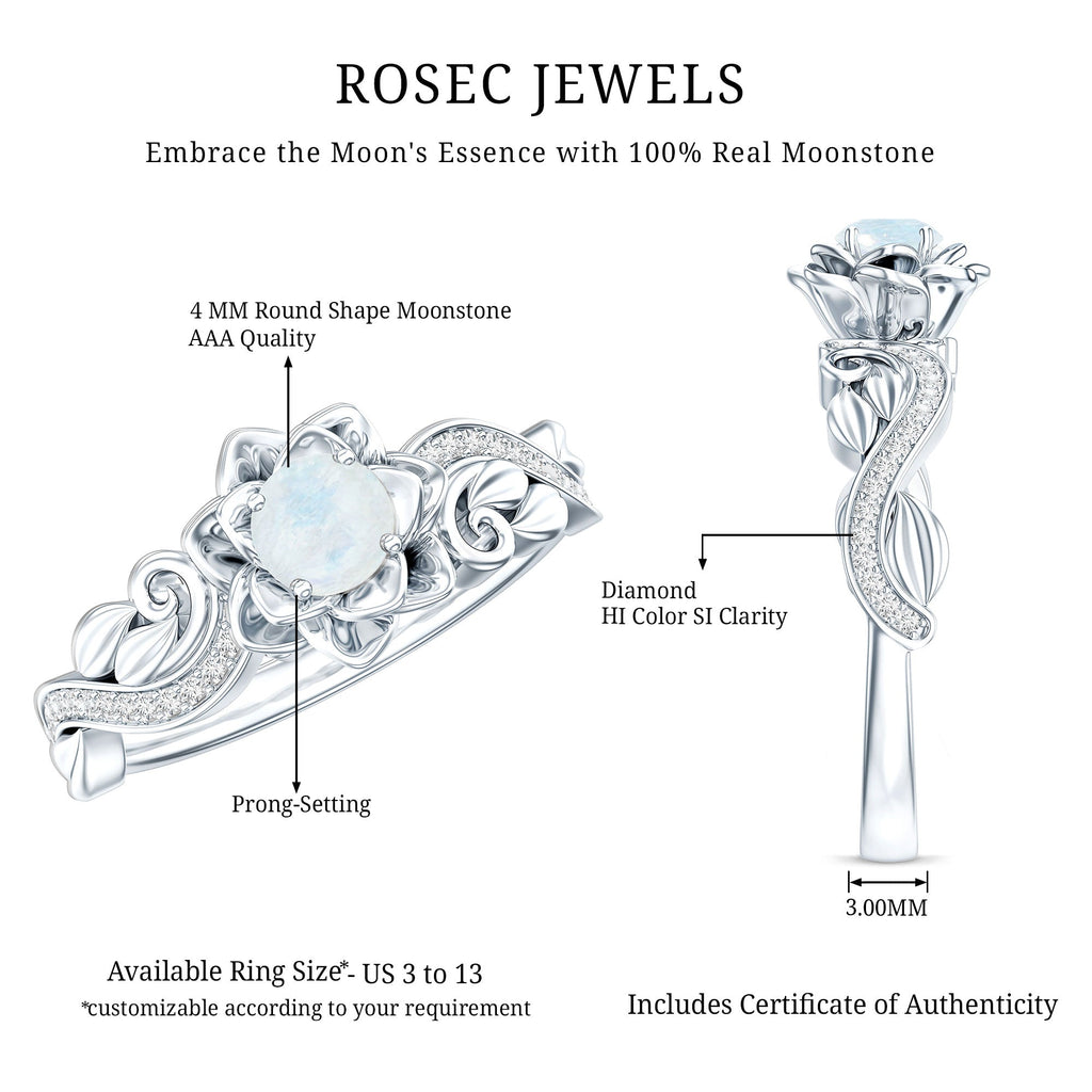Natural Moonstone Rose Flower Engagement Ring With Diamond