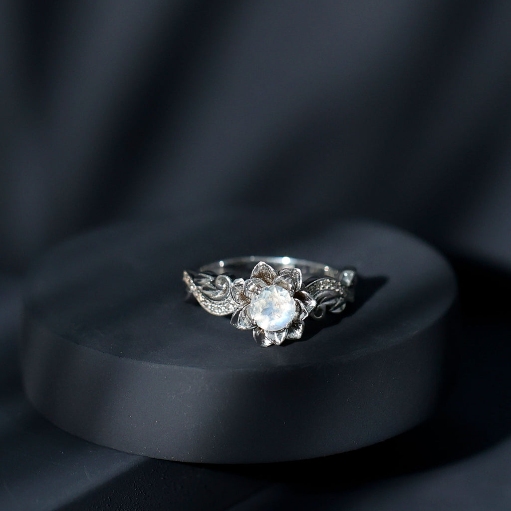 Natural Moonstone Rose Flower Engagement Ring With Diamond