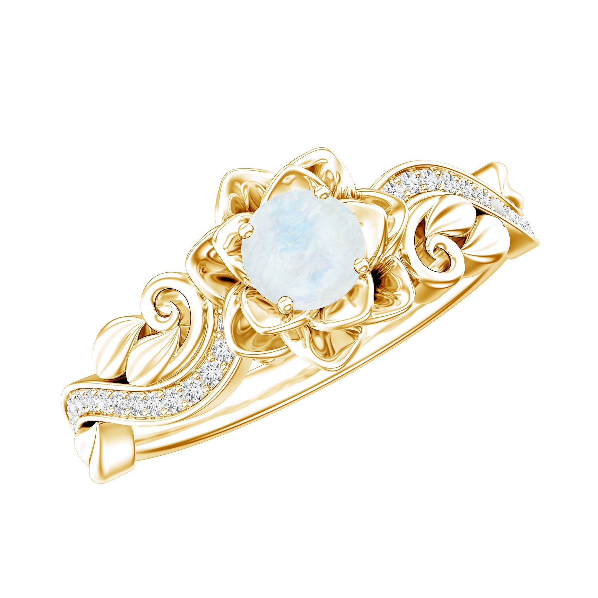 Natural Moonstone Rose Flower Engagement Ring With Diamond | Rings | Wiccan Center