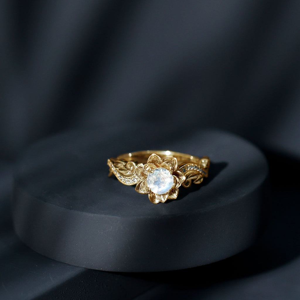 Natural Moonstone Rose Flower Engagement Ring With Diamond