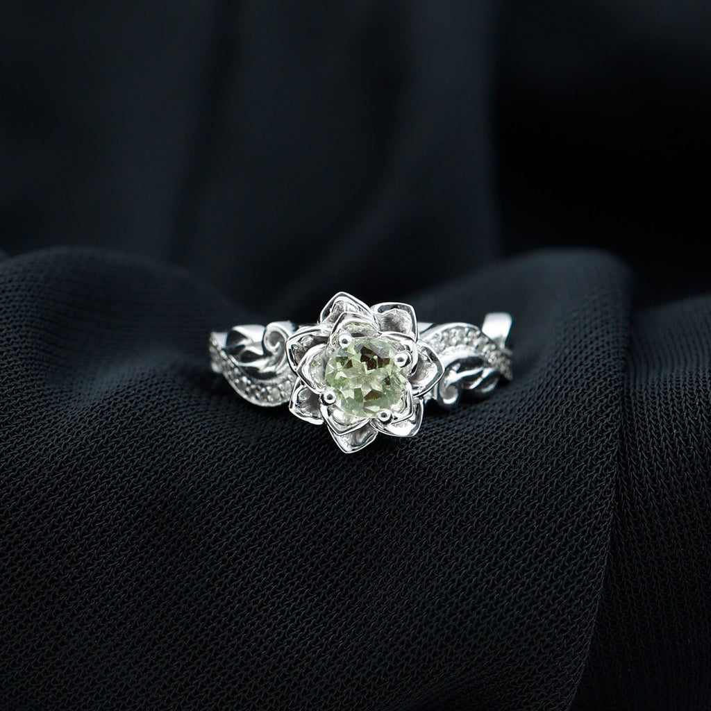 Genuine Peridot and Diamond Flower Inspired Engagement Ring