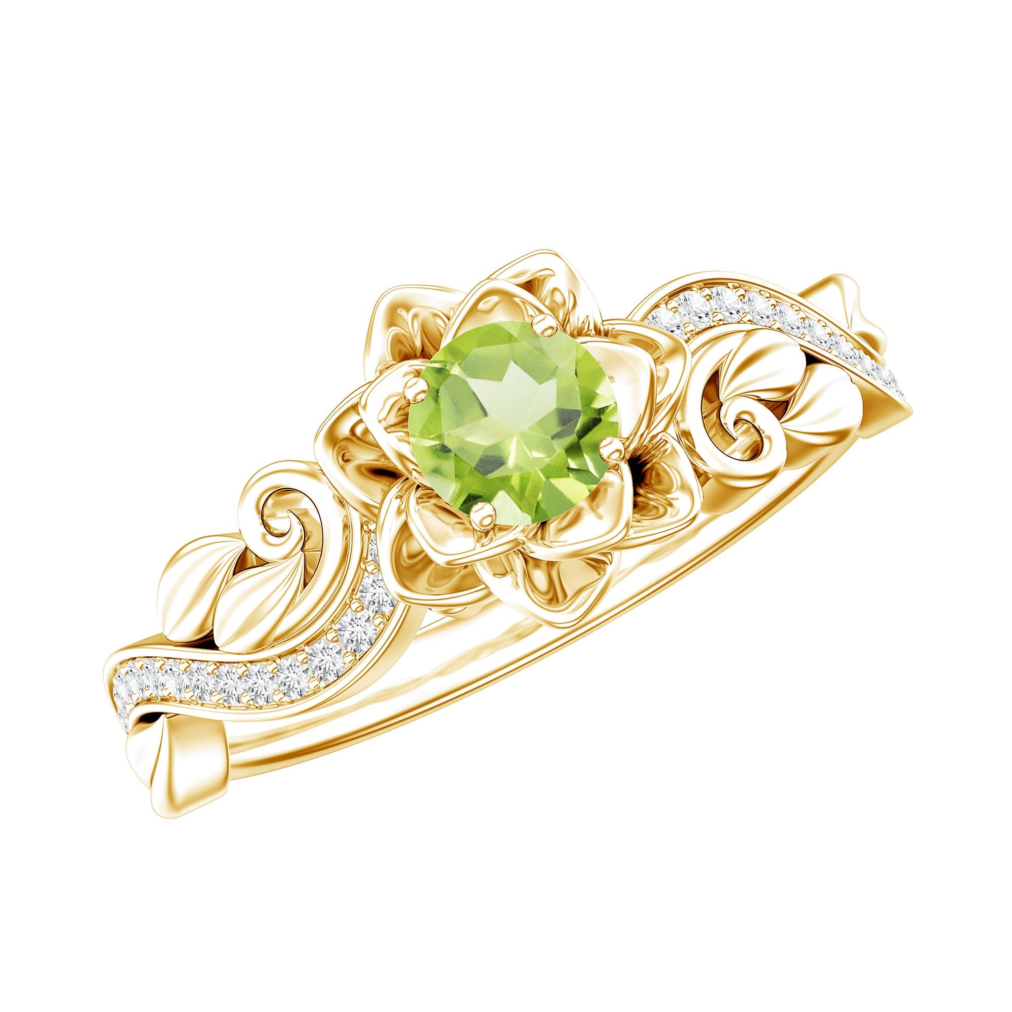 Genuine Peridot and Diamond Flower Inspired Engagement Ring | Rings | Wiccan Center