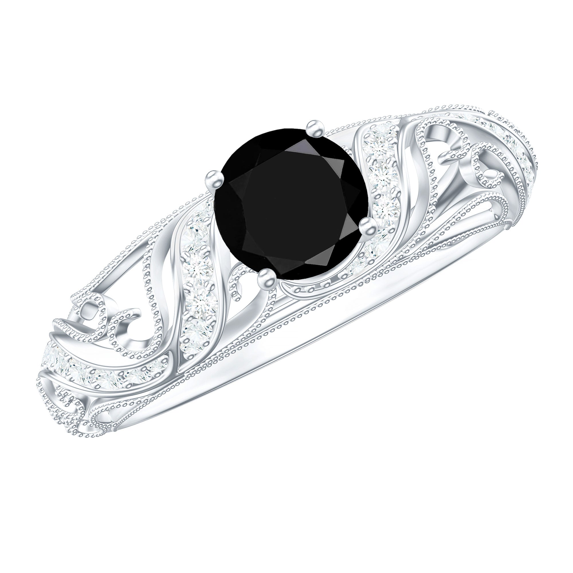 Vintage Looking Black Spinel Engagement Ring with Diamond