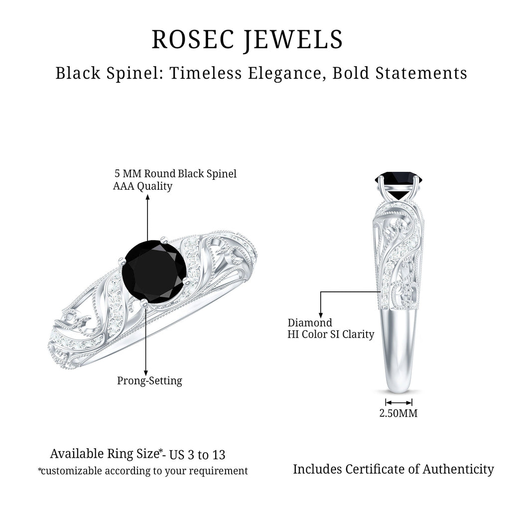 Vintage Looking Black Spinel Engagement Ring with Diamond