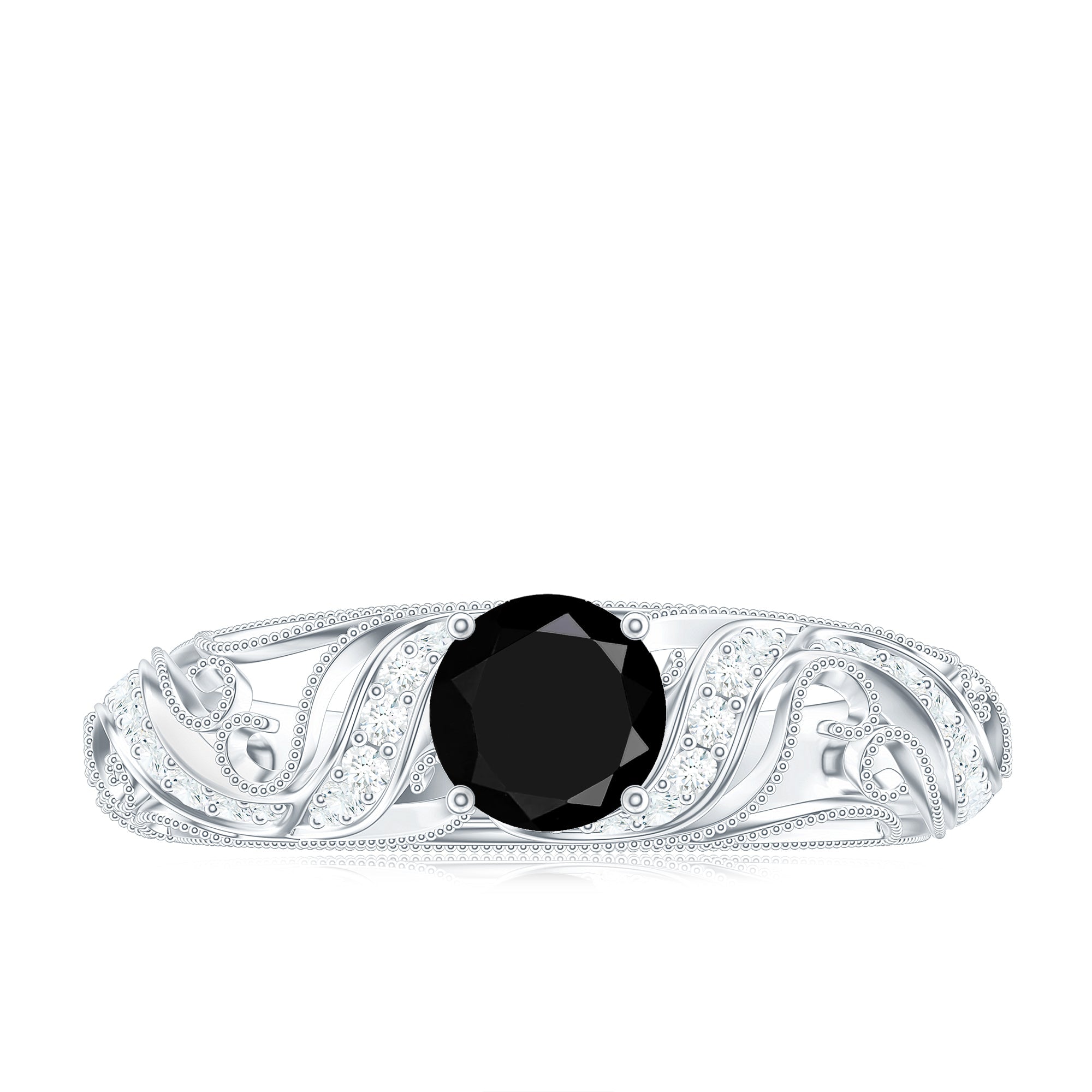 Vintage Looking Black Spinel Engagement Ring with Diamond