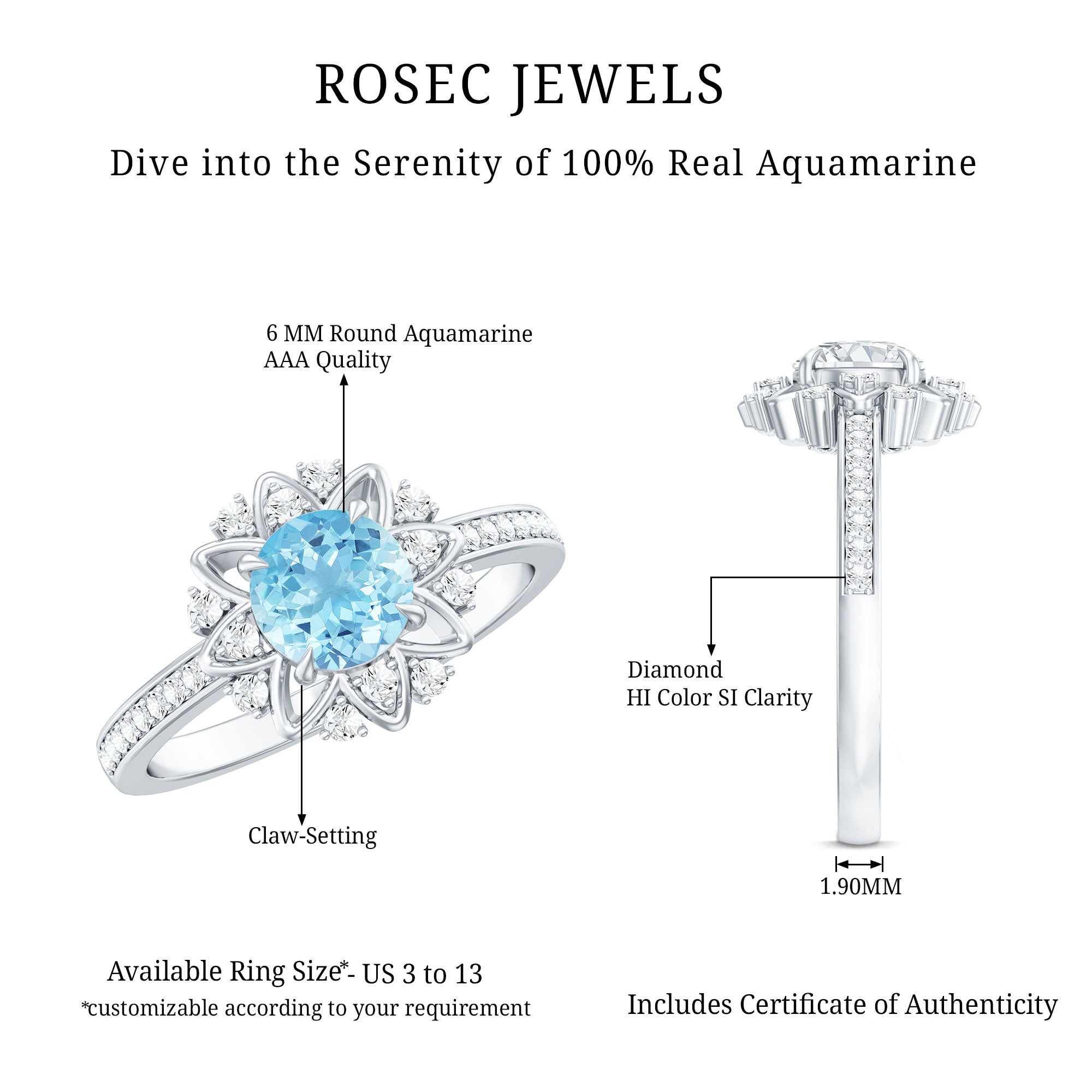 Genuine 0.8 Aquamarine Floral Engagement Ring with Diamond Side Stones