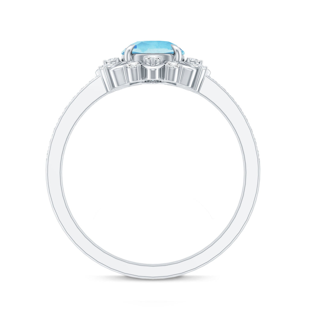 Genuine 0.8 Aquamarine Floral Engagement Ring with Diamond Side Stones