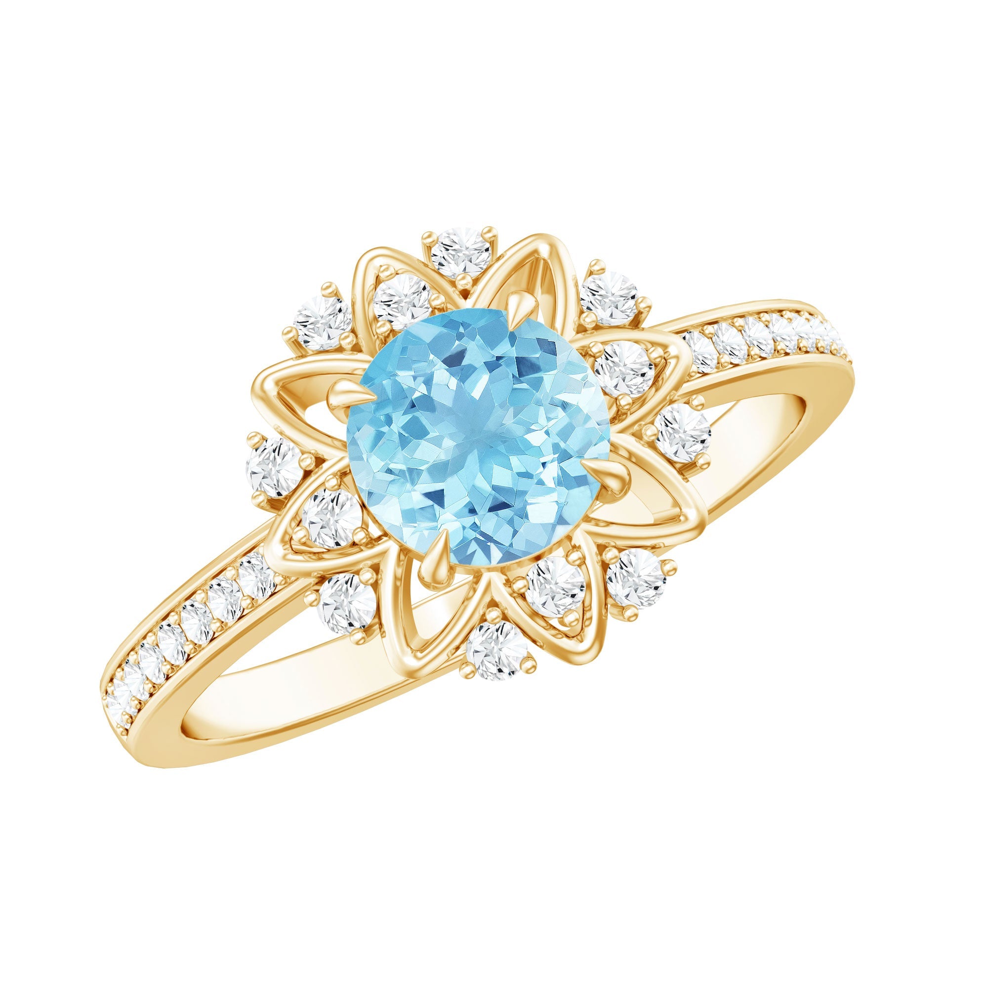 Genuine 0.8 Aquamarine Floral Engagement Ring with Diamond Side Stones | Rings | Wiccan Center