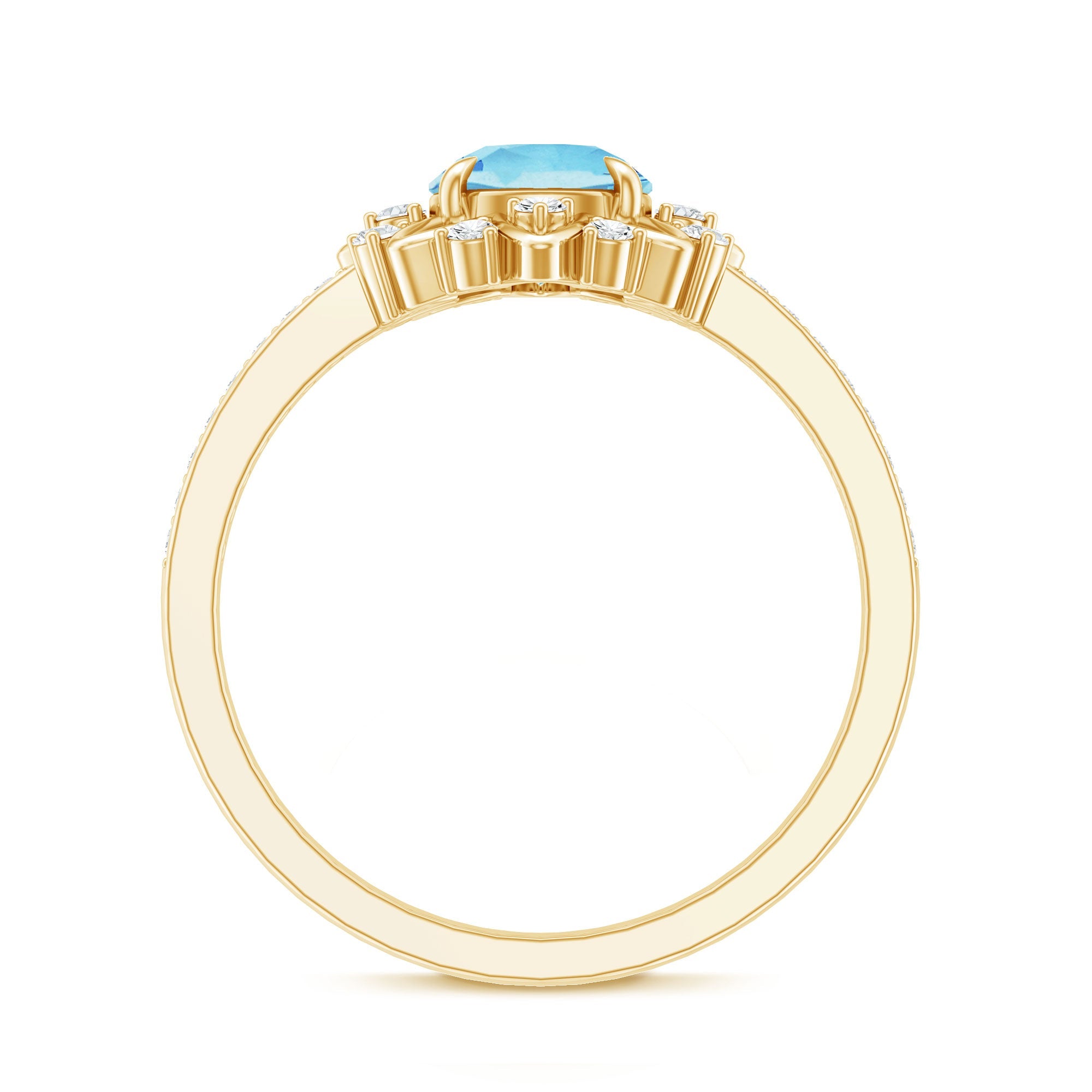 Genuine 0.8 Aquamarine Floral Engagement Ring with Diamond Side Stones