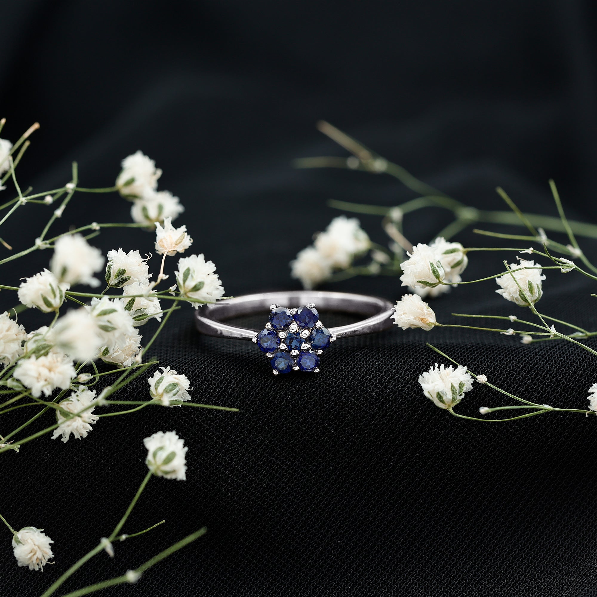 Certified Round Shape Blue Sapphire Cluster Flower Ring