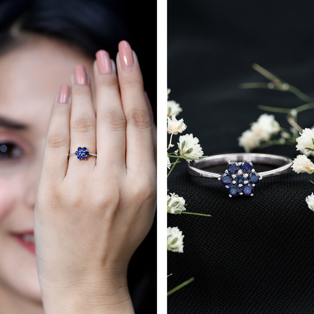 Certified Round Shape Blue Sapphire Cluster Flower Ring