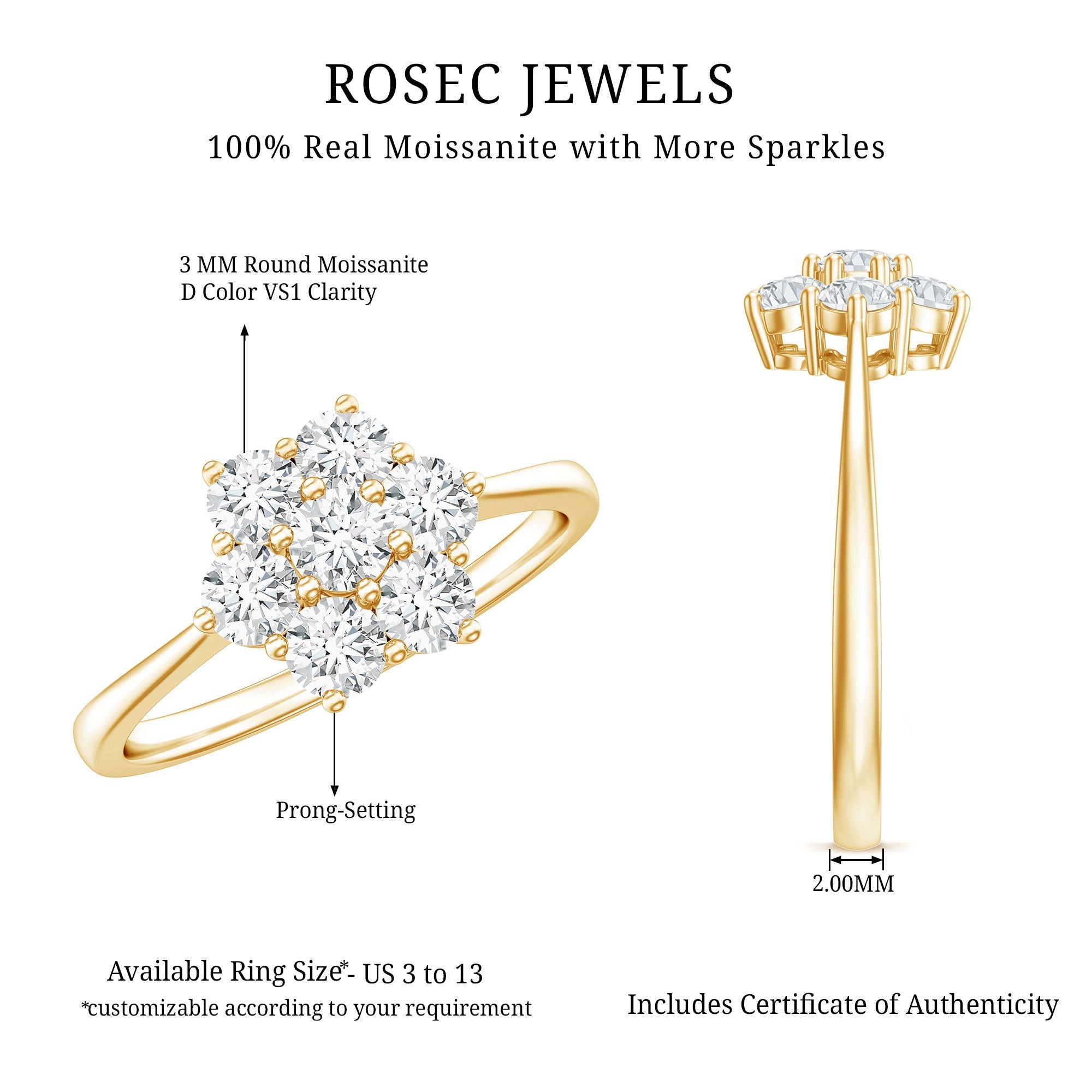Round Shape Moissanite Cluster Flower Engagement Ring