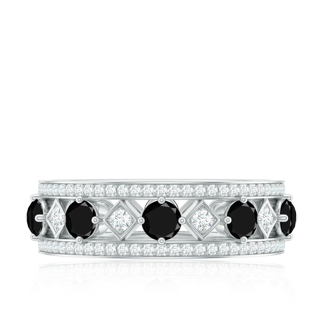 Antique Looking Black Onyx and Moissanite Wide Wedding Band