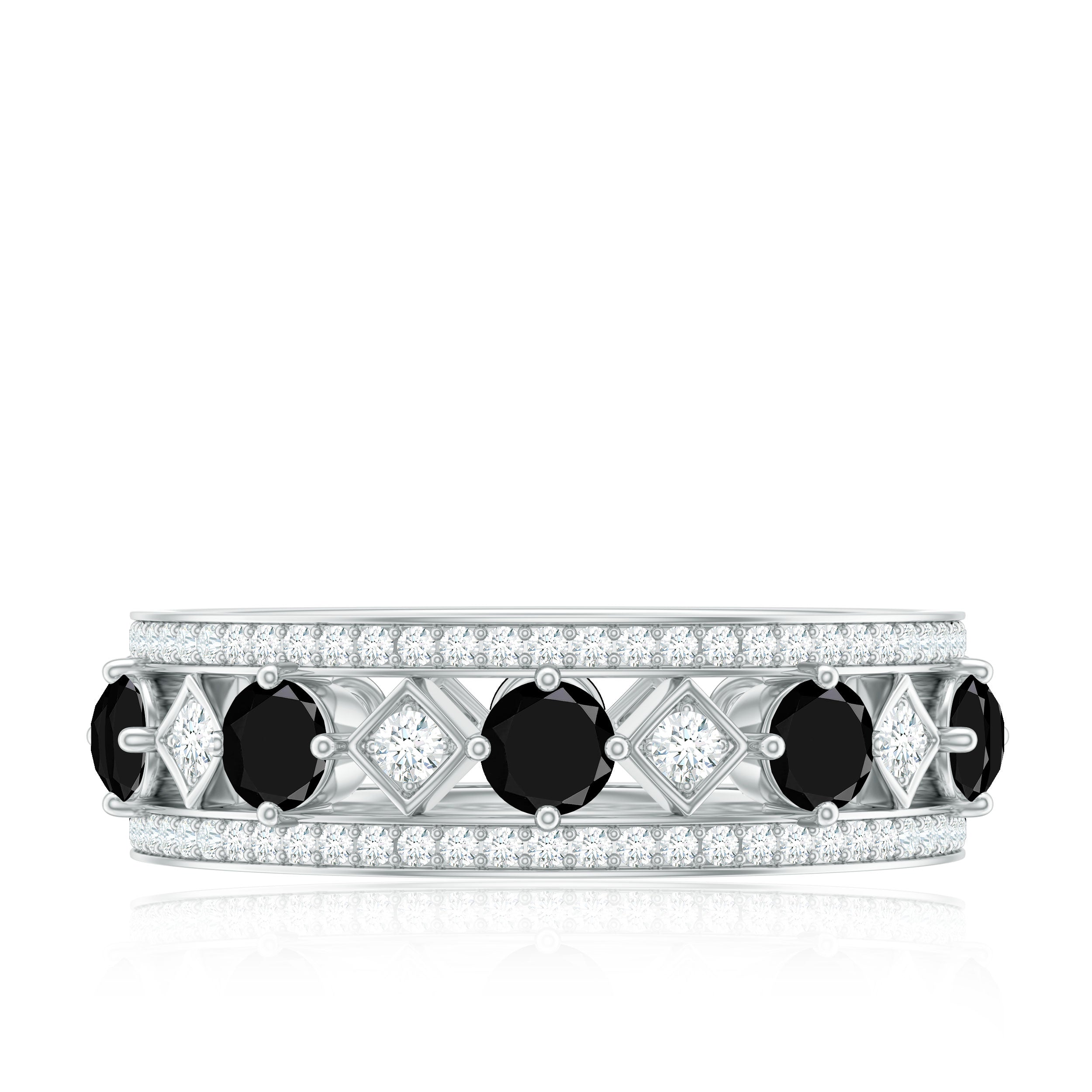 Antique Looking Black Onyx and Moissanite Wide Wedding Band