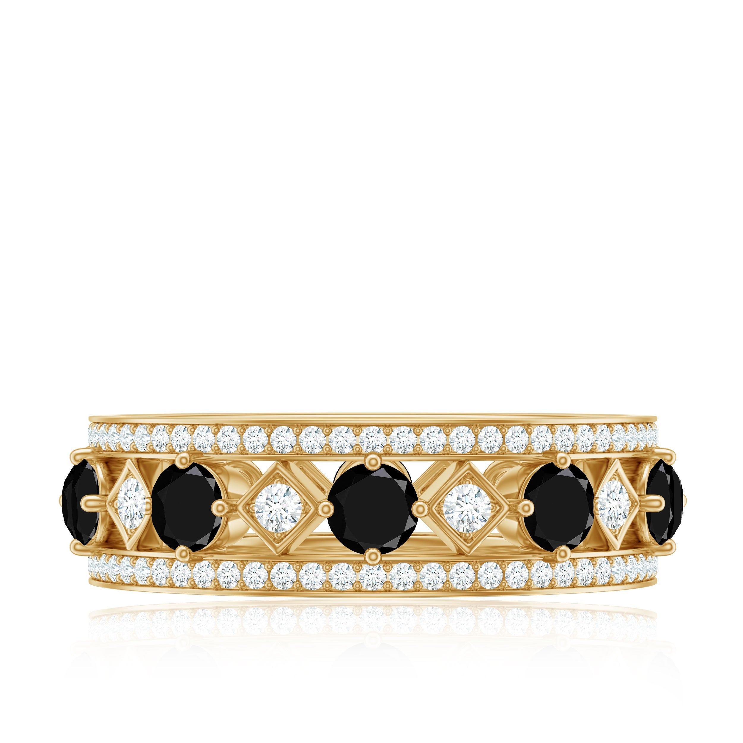 Antique Looking Black Onyx and Moissanite Wide Wedding Band