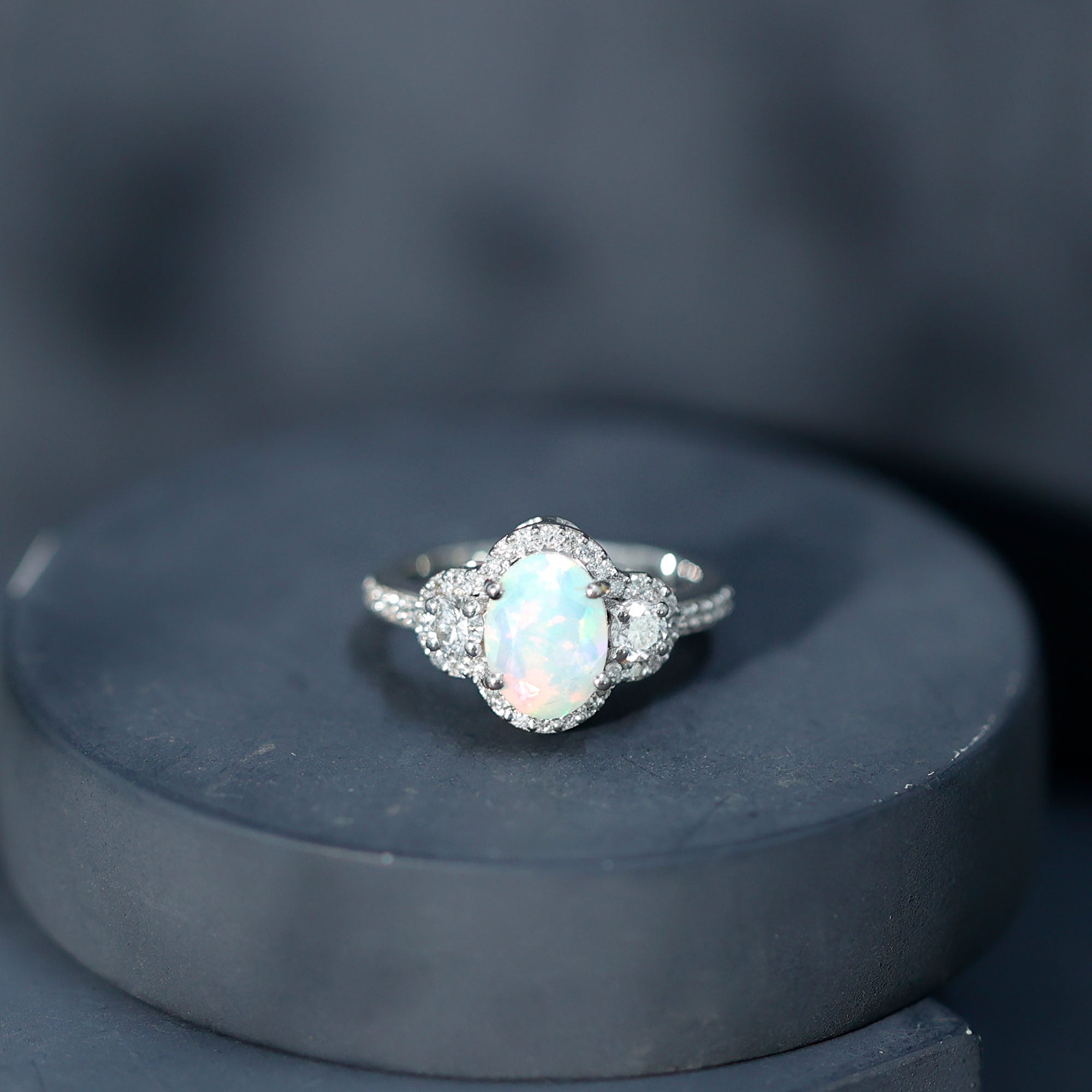 Vintage Inspired Opalescent Oval Engagement Ring with Real Diamond