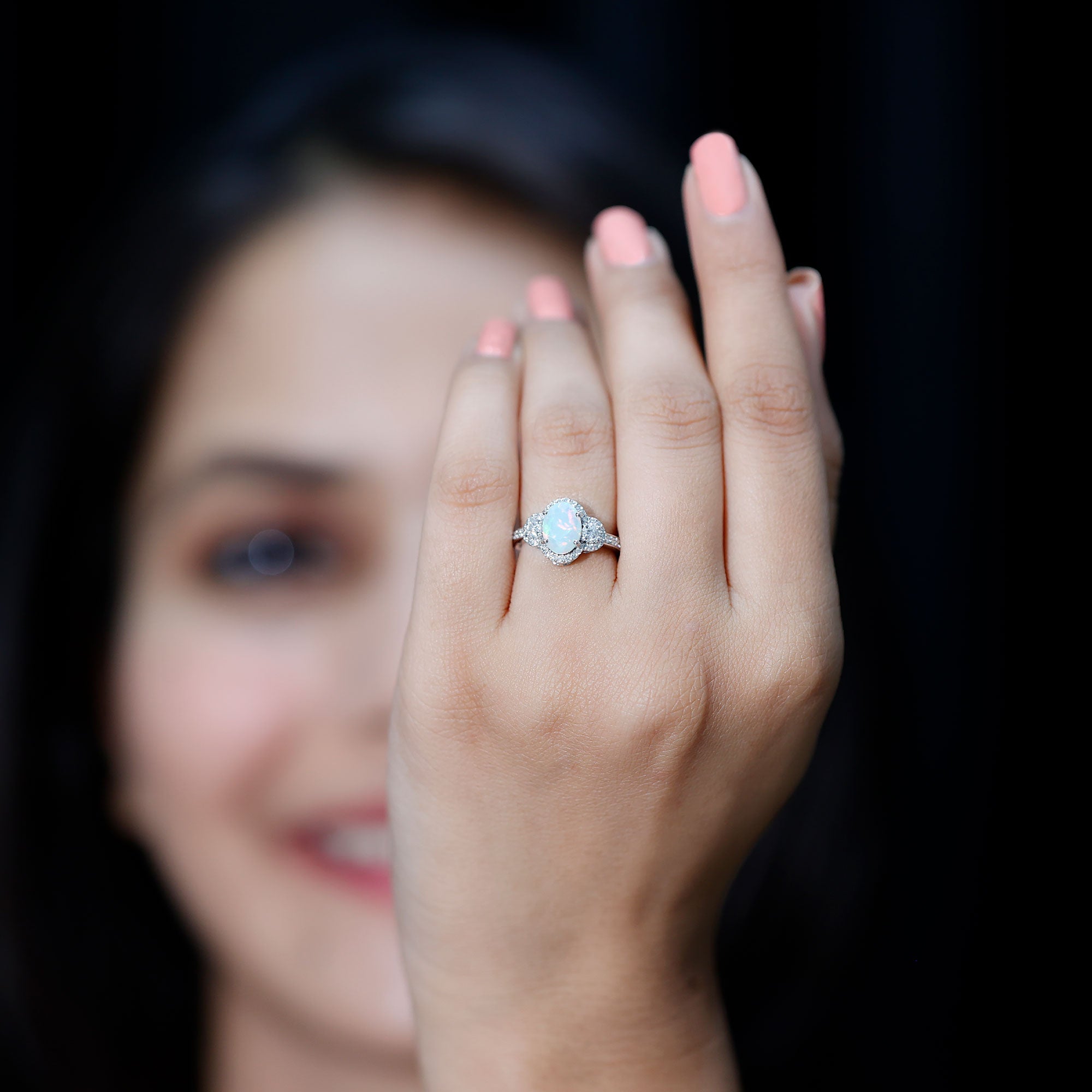 Vintage Inspired Opalescent Oval Engagement Ring with Real Diamond
