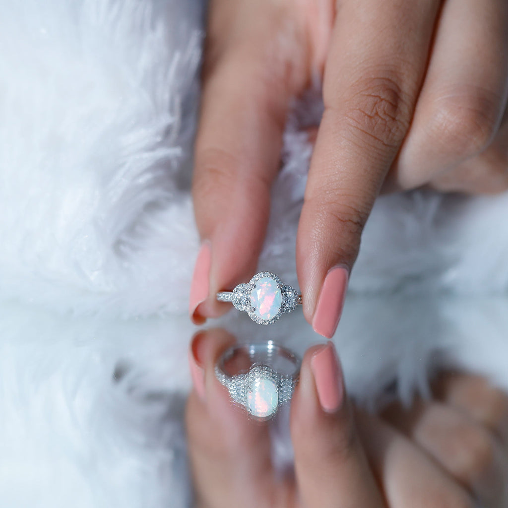 Vintage Inspired Opalescent Oval Engagement Ring with Real Diamond