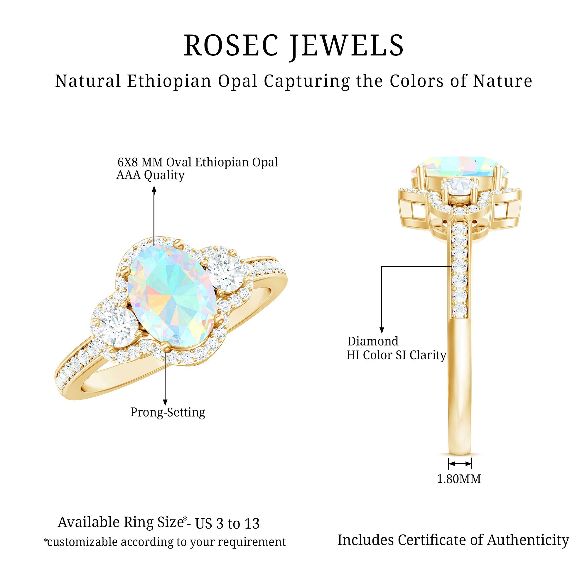 Vintage Inspired Opalescent Oval Engagement Ring with Real Diamond