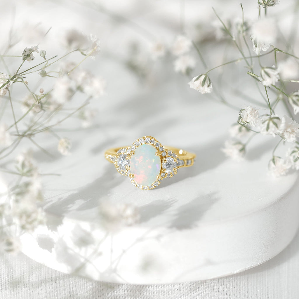 Vintage Inspired Opalescent Oval Engagement Ring with Real Diamond