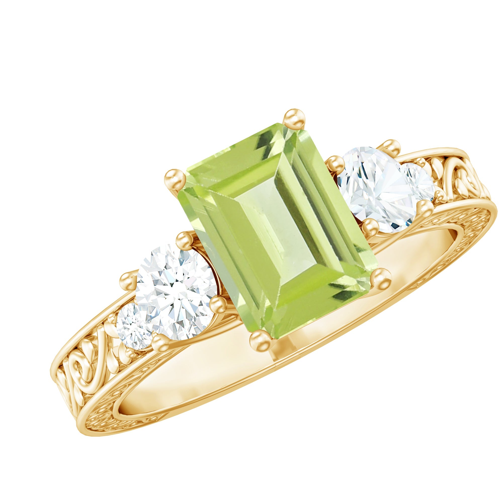 Vintage Style 1.8 Carat Peridot Emerald Cut Engagement Ring with Moissanite | Rings | Wiccan Center