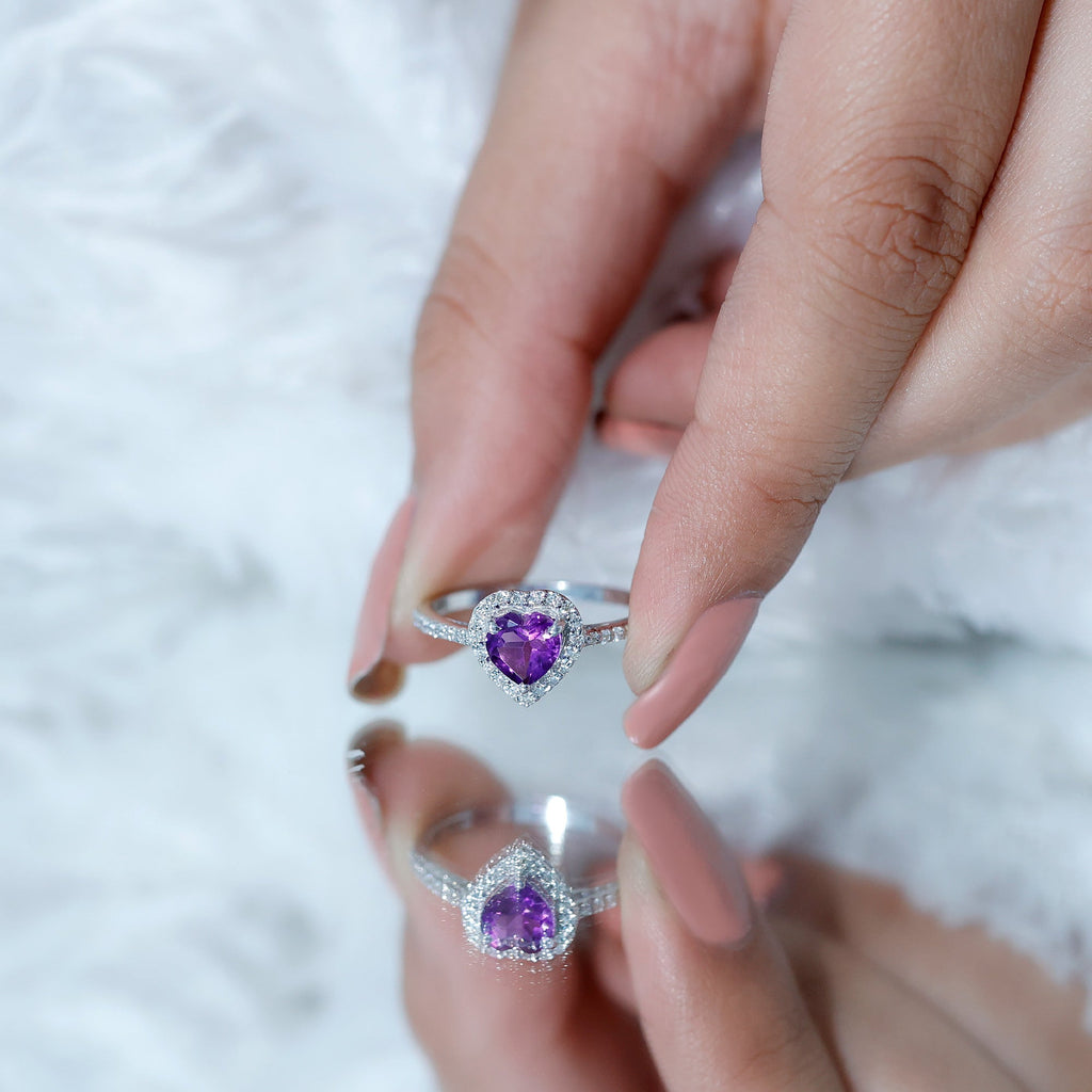 Natural 0.9 Carat Amethyst Heart Engagement Ring with Diamond Halo
