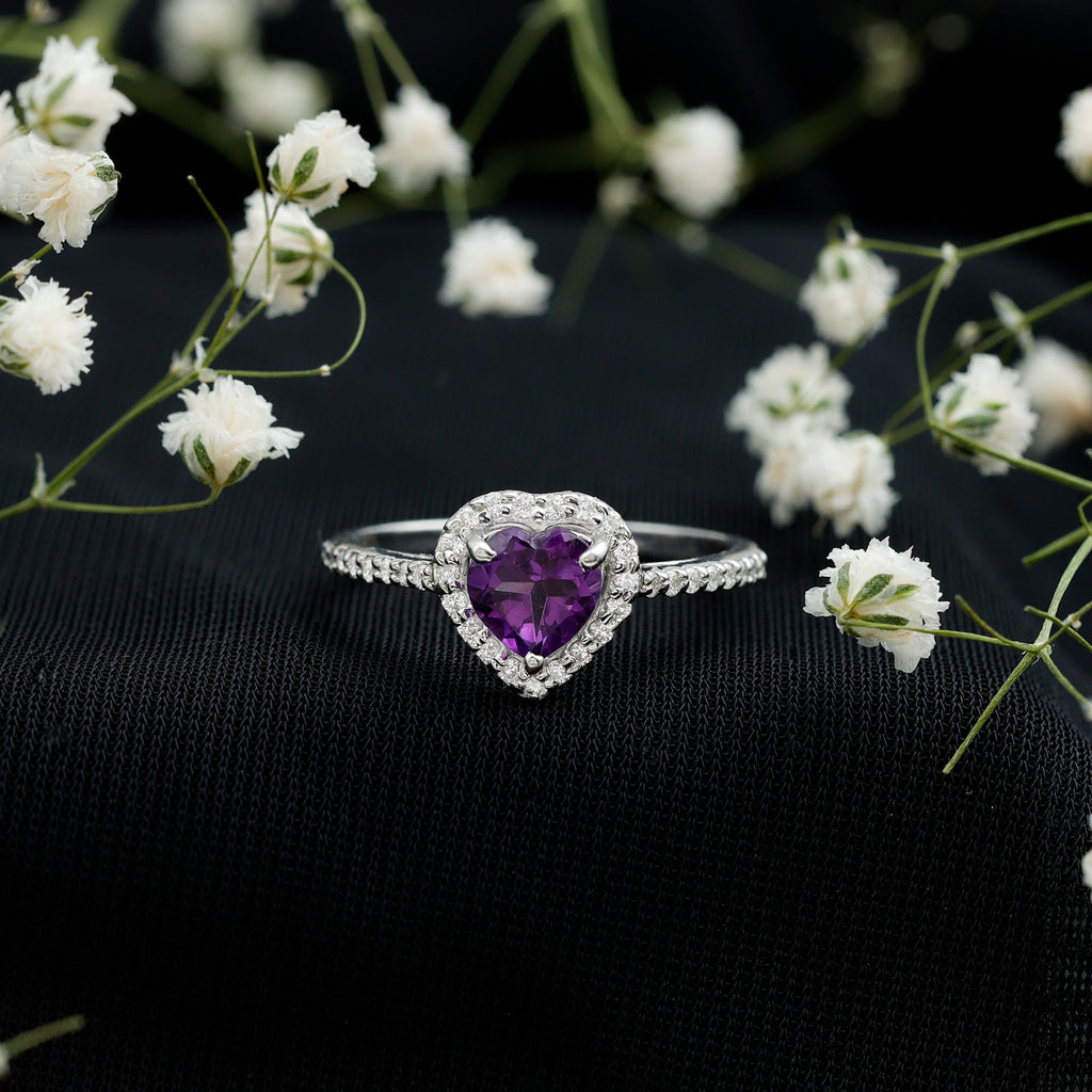 Natural 0.9 Carat Amethyst Heart Engagement Ring with Diamond Halo