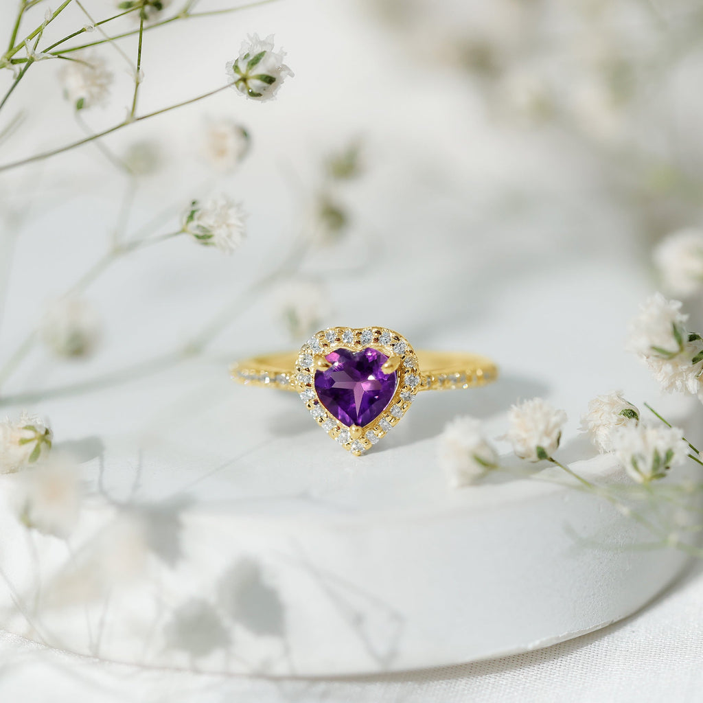 Natural 0.9 Carat Amethyst Heart Engagement Ring with Diamond Halo