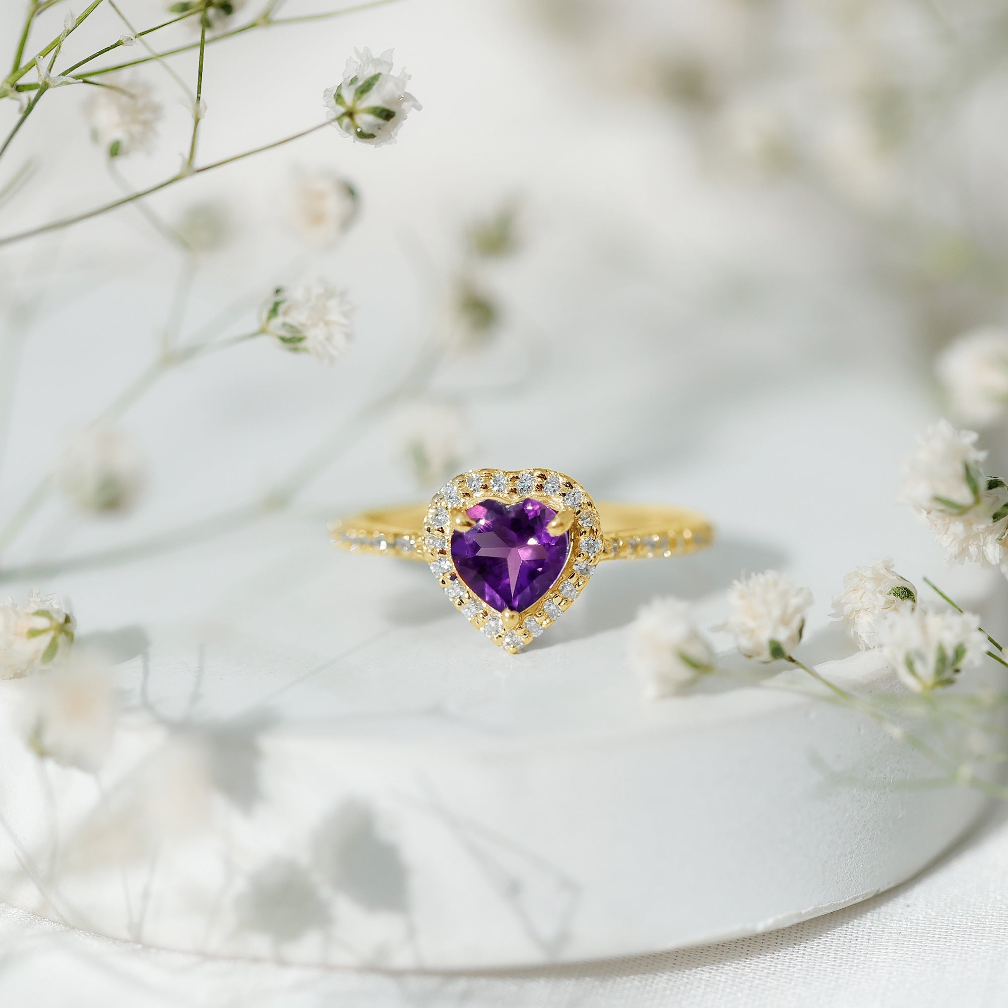 Natural 0.9 Carat Amethyst Heart Engagement Ring with Diamond Halo