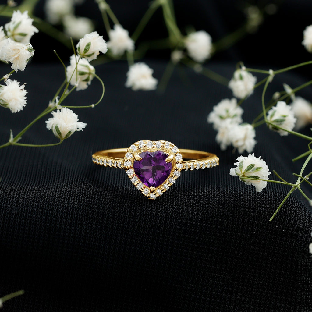 Natural 0.9 Carat Amethyst Heart Engagement Ring with Diamond Halo