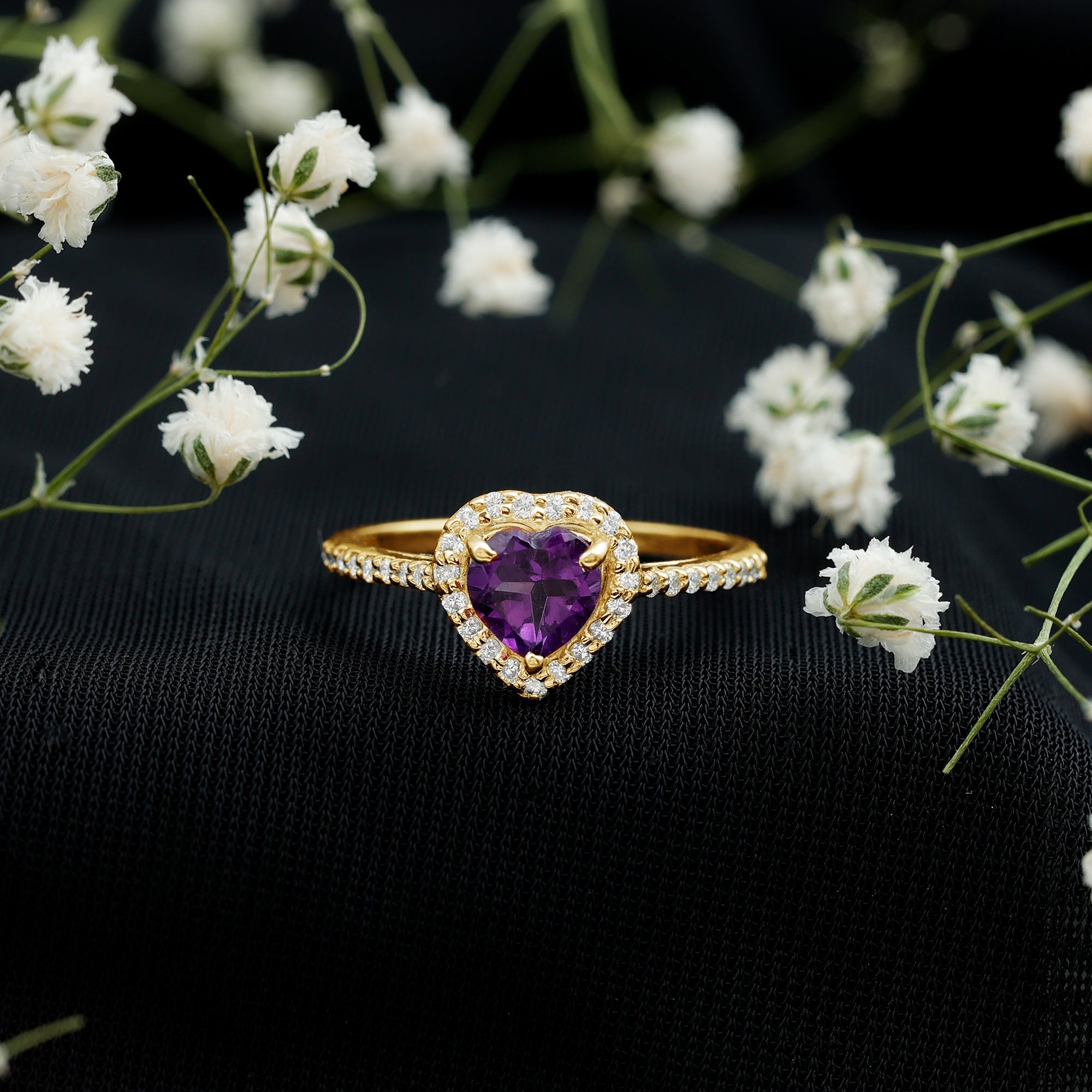 Natural 0.9 Carat Amethyst Heart Engagement Ring with Diamond Halo