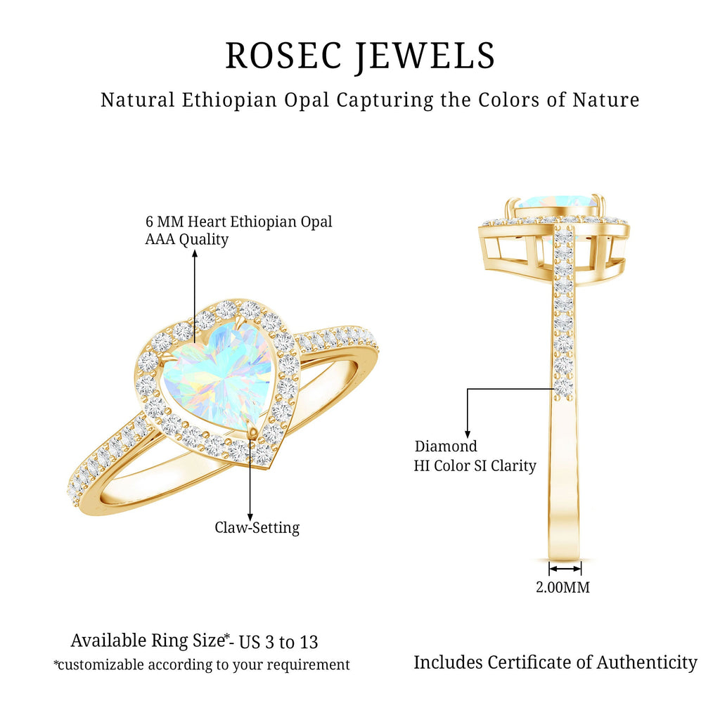 Natural Ethiopian Opal Heart Shaped Engagement Ring with Diamond Halo