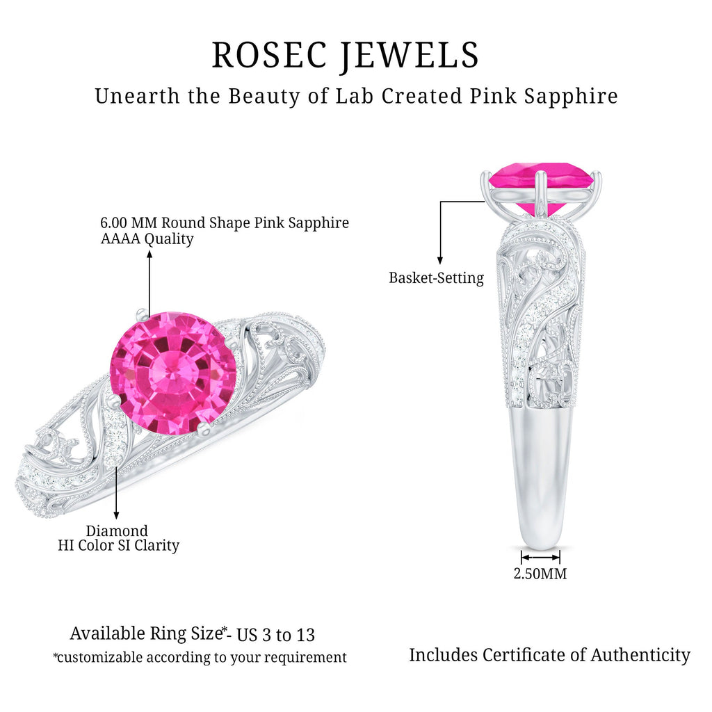Lab Grown Pink Sapphire Antique Engagement Ring With Diamond