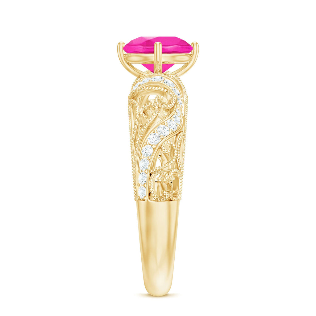 Lab Grown Pink Sapphire Antique Engagement Ring With Diamond