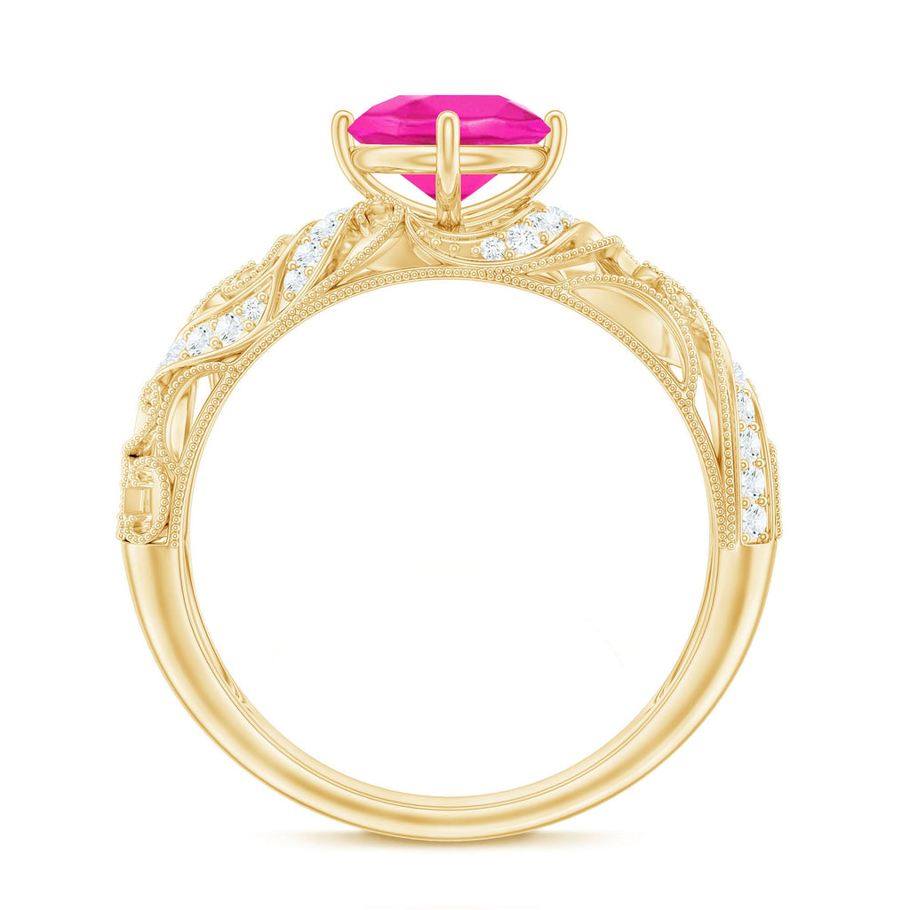 Lab Grown Pink Sapphire Antique Engagement Ring With Diamond