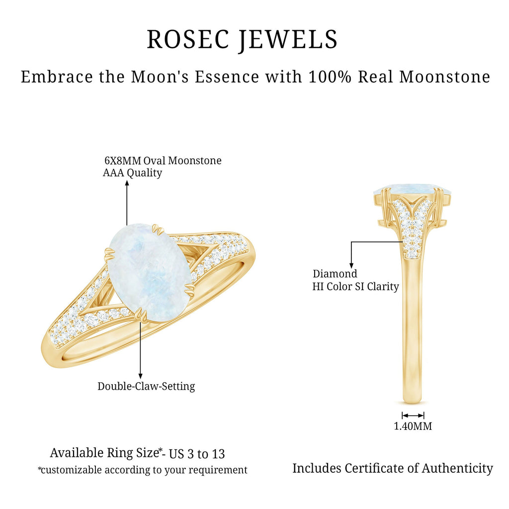 0.6 Carat Oval Cut Moonstone Solitaire Engagement Ring with Diamond Accent