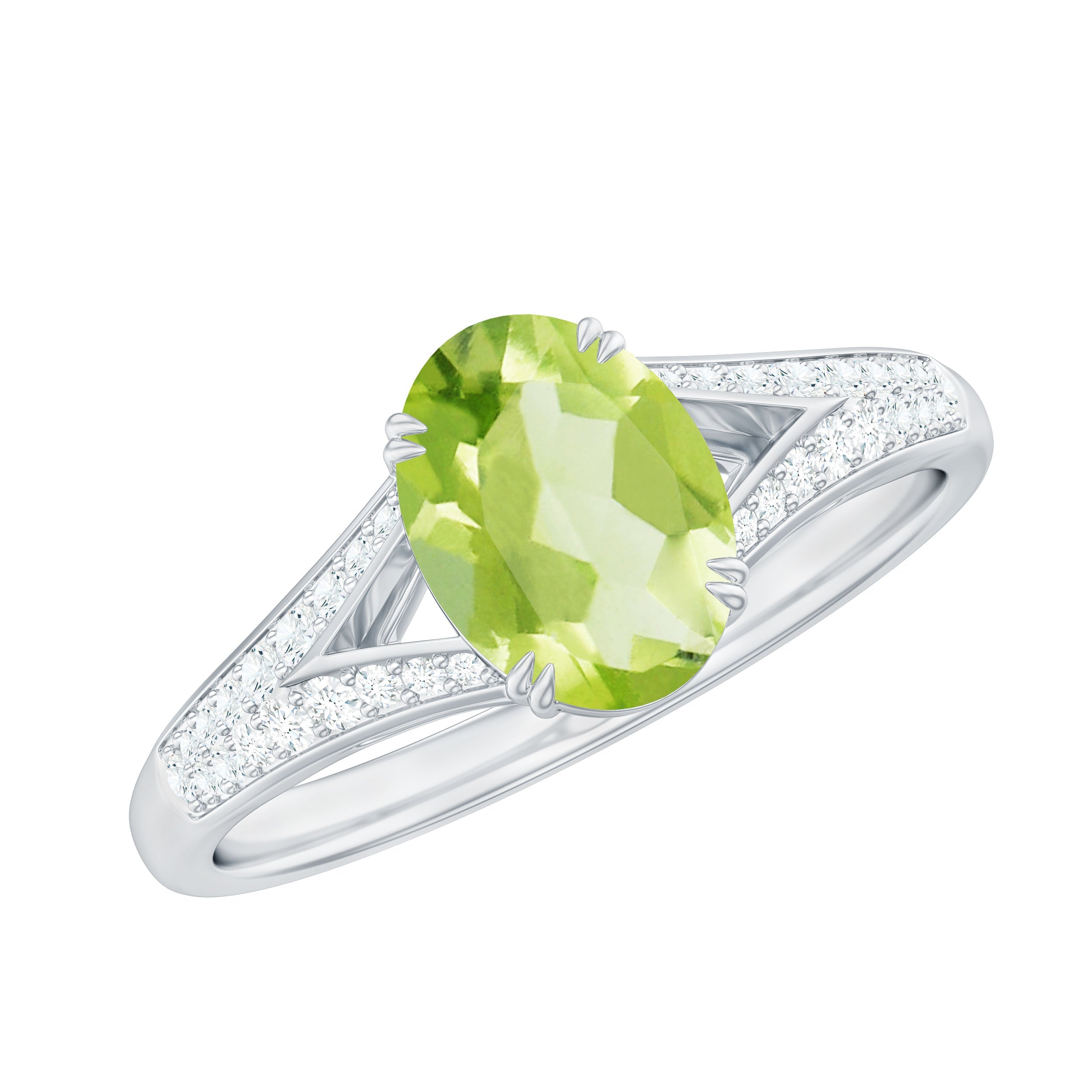 Natural 1 Carat Peridot Oval Engagement Ring with Diamond Split Shank