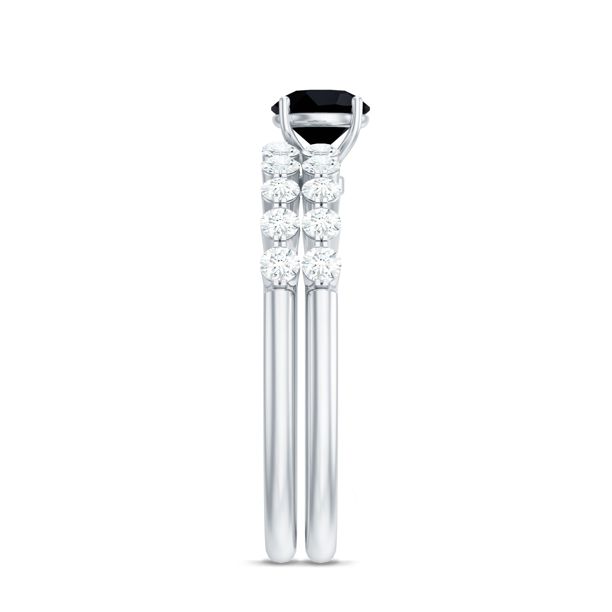 Round Cut Black Onyx and Diamond Stacking Wedding Ring Set