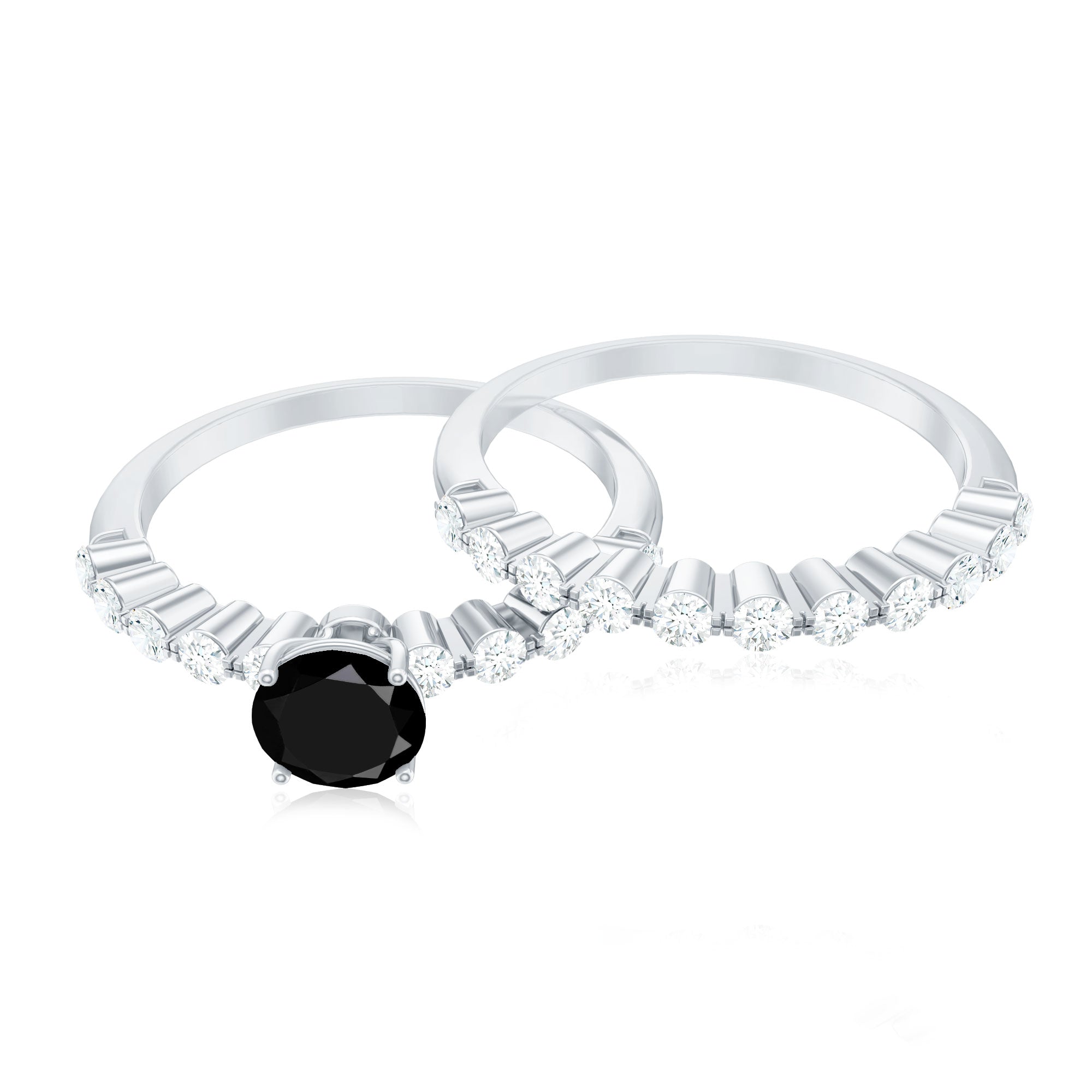 Round Cut Black Onyx and Diamond Stacking Wedding Ring Set