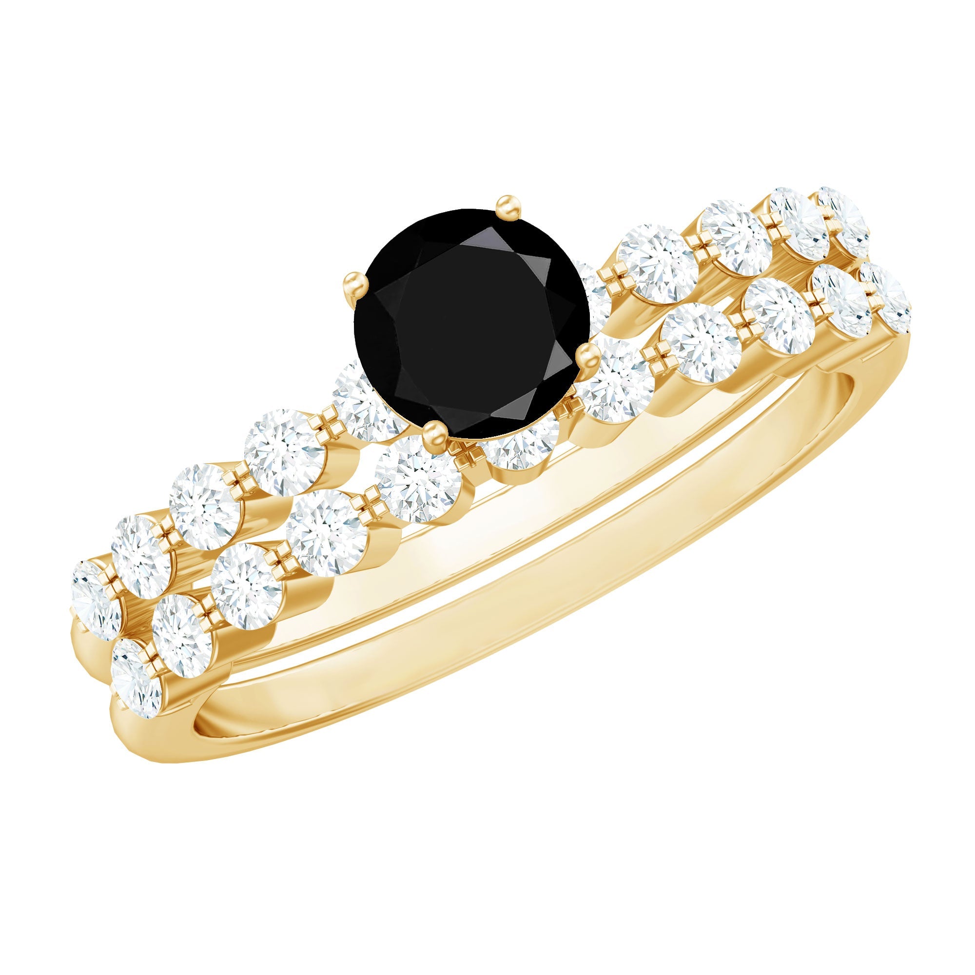Round Cut Black Onyx and Diamond Stacking Wedding Ring Set | Rings | Wiccan Center