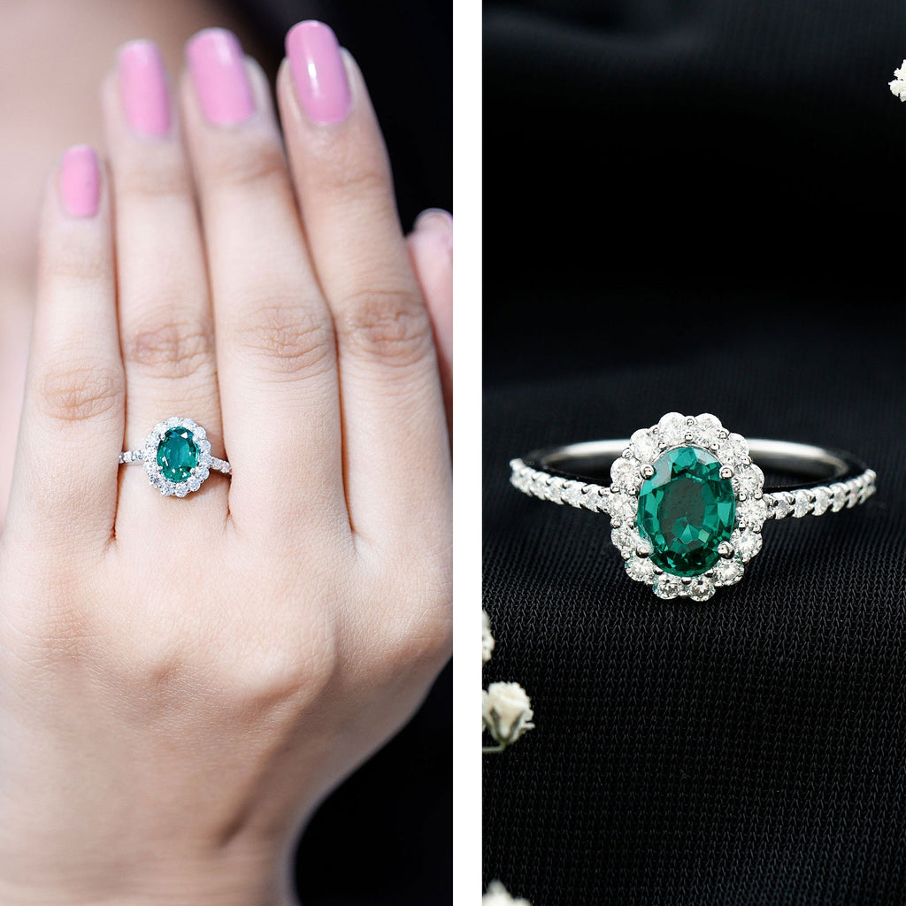 Certified 1.2 Carat Oval Lab Grown Emerald Halo Engagement Ring