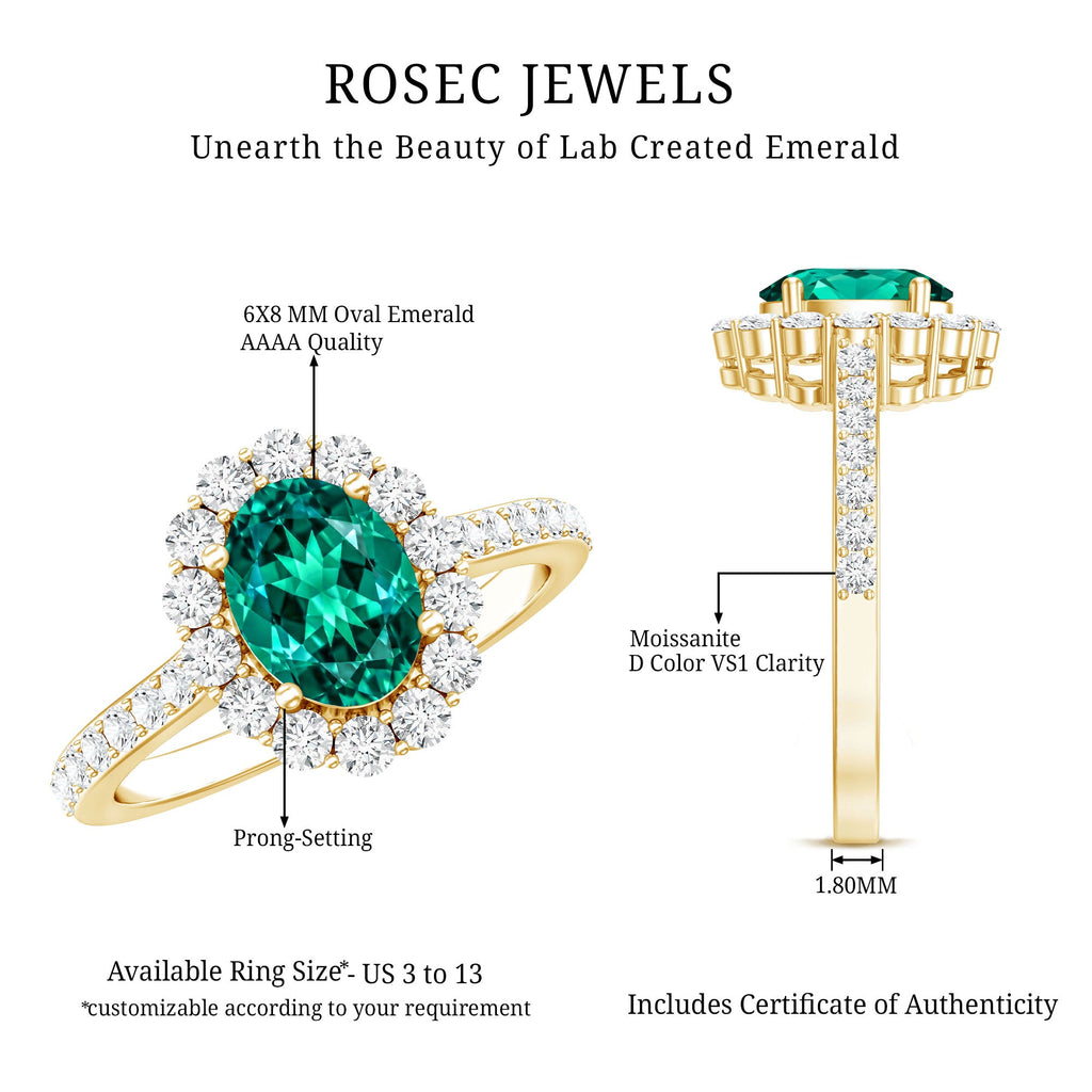 Certified 1.2 Carat Oval Lab Grown Emerald Halo Engagement Ring