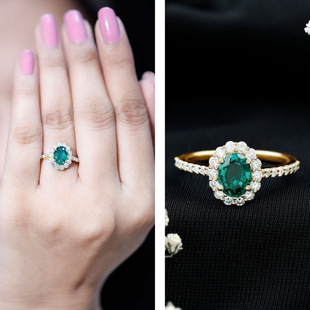 Certified 1.2 Carat Oval Lab Grown Emerald Halo Engagement Ring